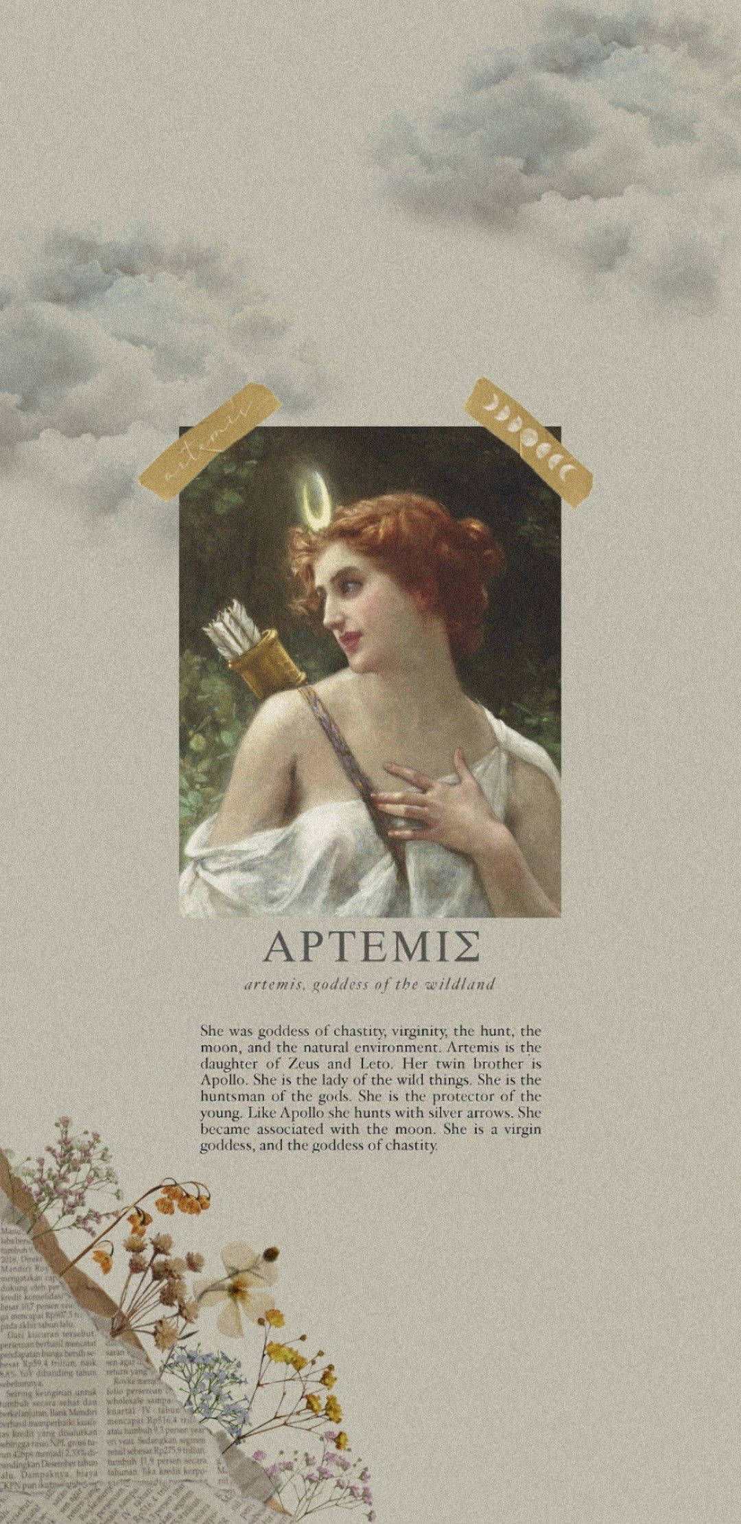 Greek Aesthetic 桌布 壁紙 — 一幅復古風格的阿耳忒彌斯女神肖像，手持弓箭，周圍環繞乾花和舊紙上的文字。