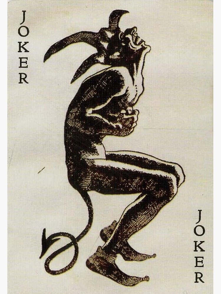 evil 桌布 壁紙 — 一幅復古黑色墨水插圖，描繪一個有角的丑角人物蹲伏著，帶有尾巴，側面標有「joker」文字。