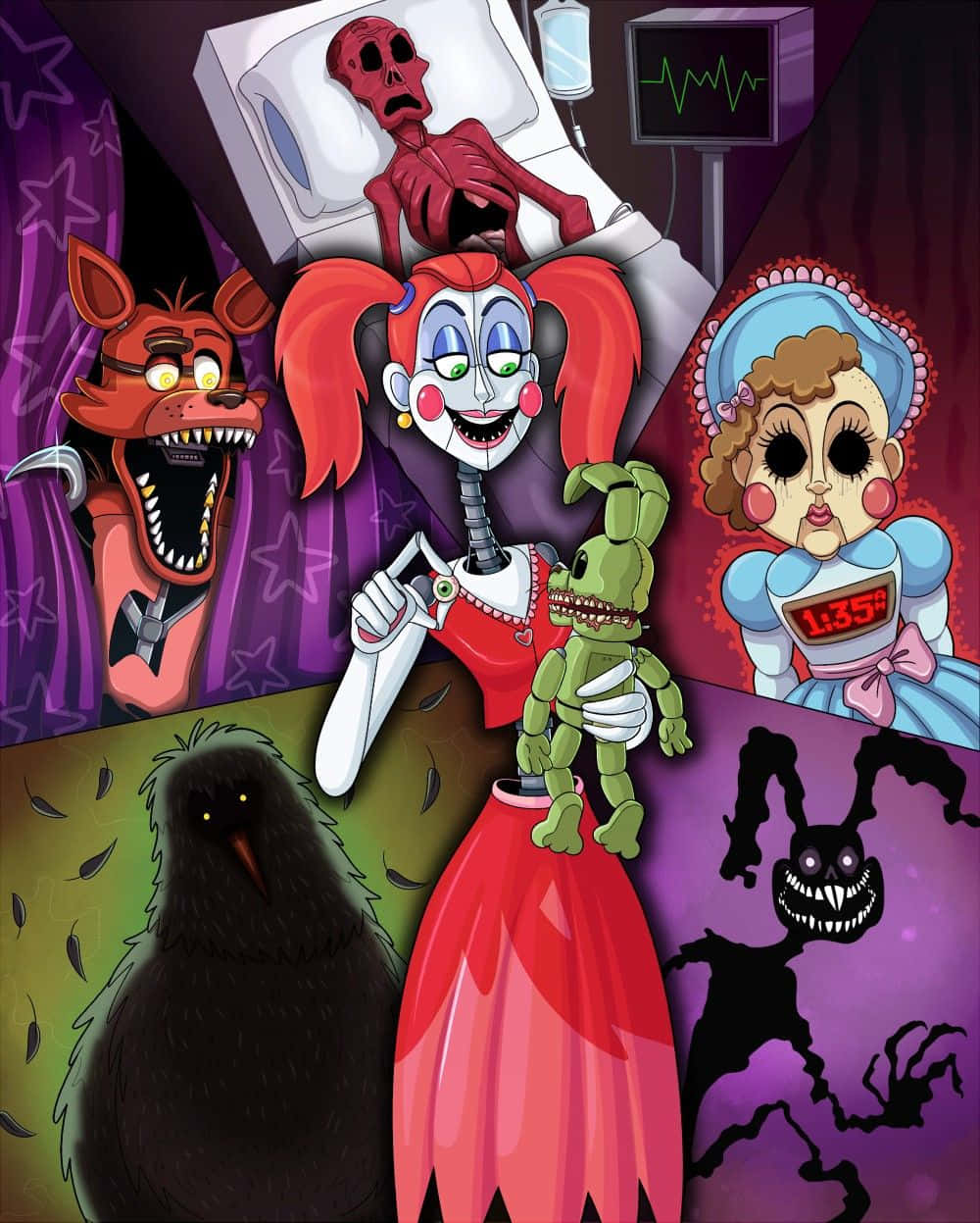 Fazbear Frights 桌布 壁紙 — 一幅恐怖主題插圖，描繪黑暗醫院環境中的電子動畫角色，帶有詭異的紫色燈光。