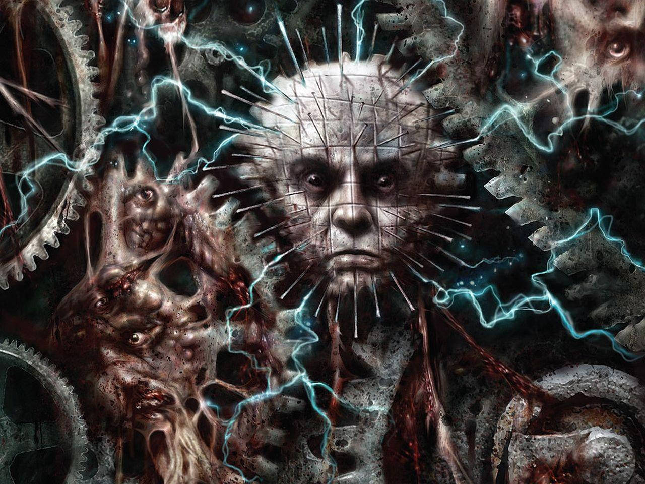 Pinhead 桌布 壁紙 — 一幅恐怖主題的數位藝術作品，描繪一個類似針頭的人物，周圍環繞著齒輪和電光藍色閃電。