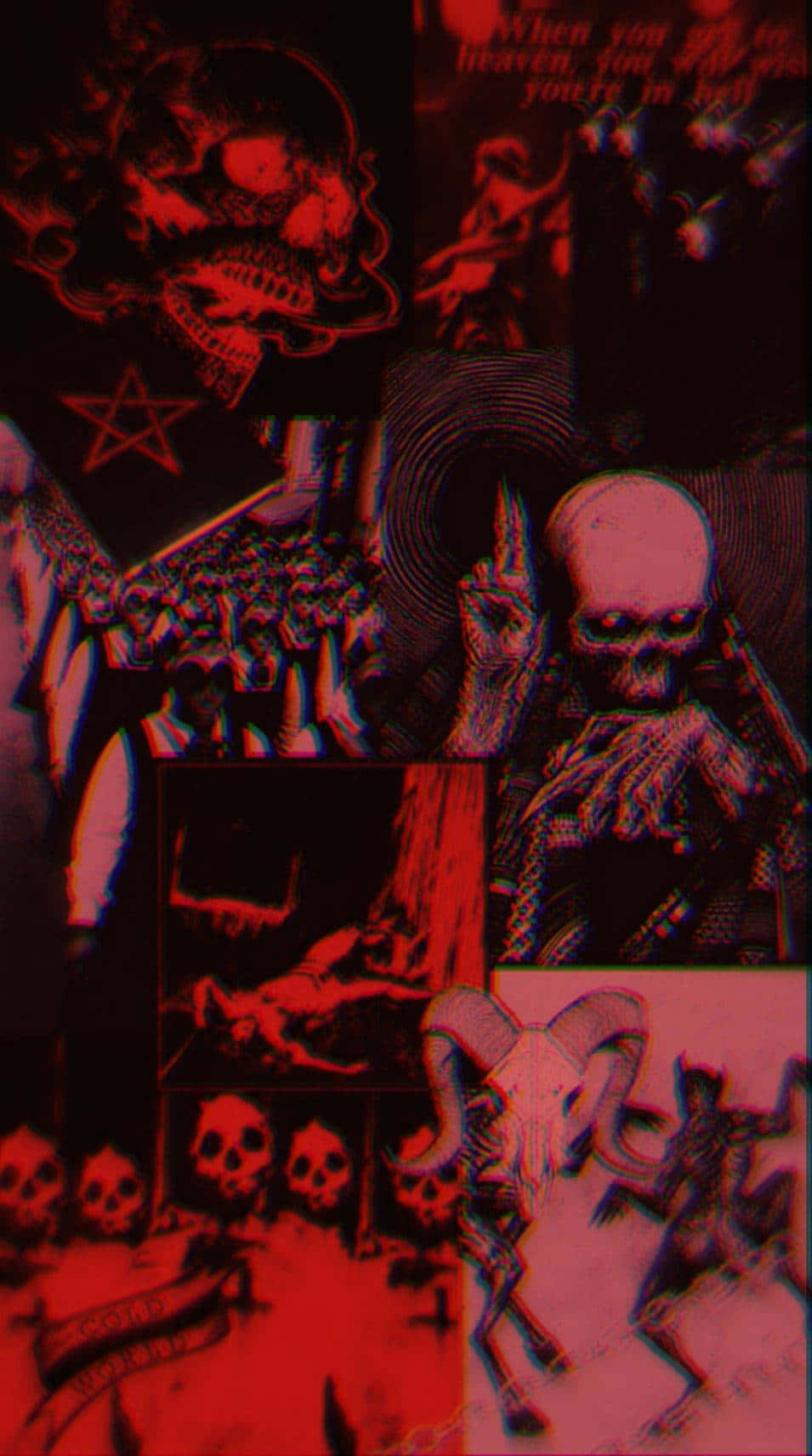 Alt 桌布 壁紙 — 一幅恐怖圖像的拼貼畫，包含頭骨、惡魔和神秘符號，浸浴在紅色和黑色色調中。
