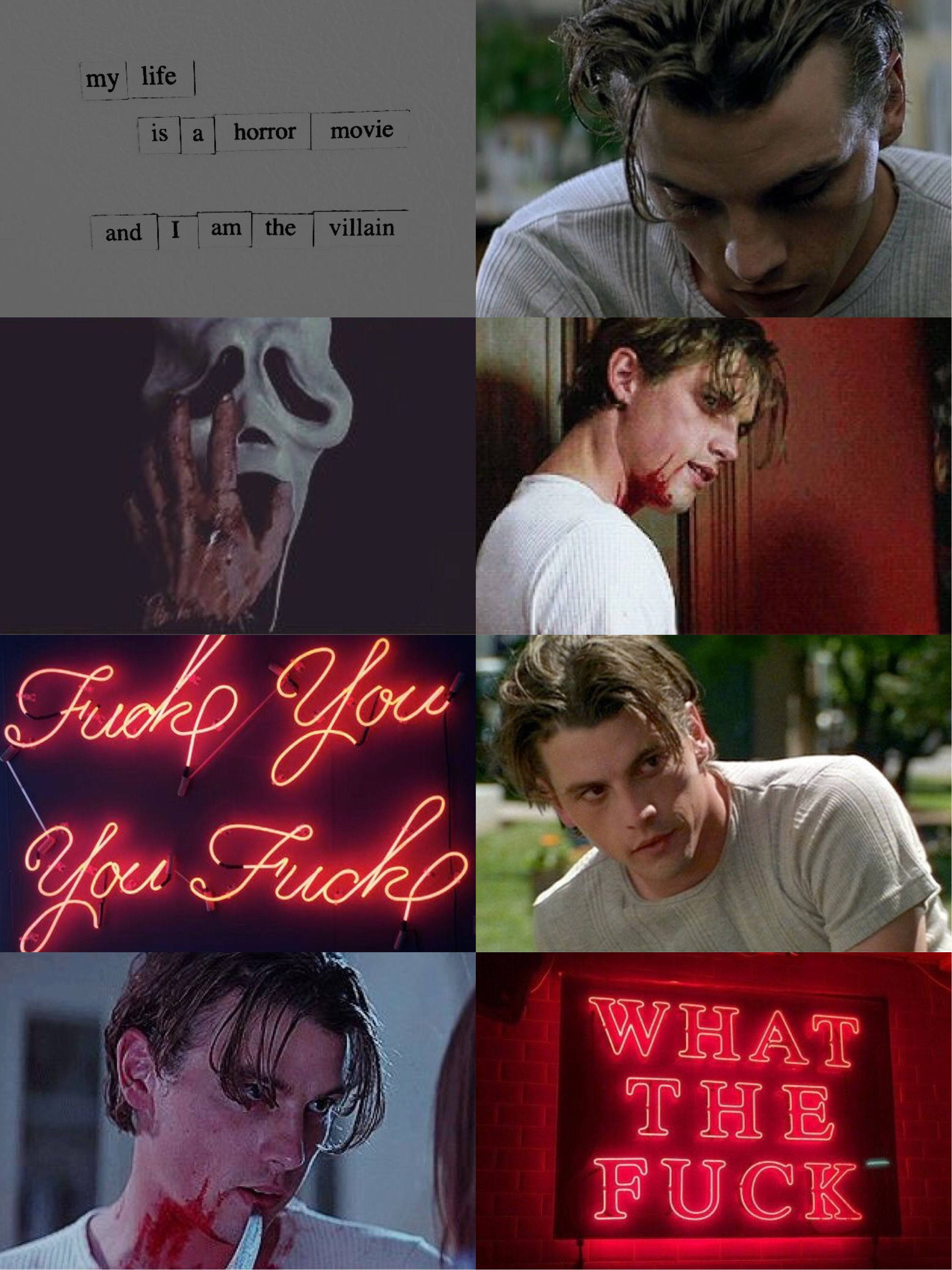 Billy Loomis 桌布 壁紙 — 一幅恐怖電影場景拼貼畫，畫面中有一個渾身是血的男人和一個戴面具的殺手，並置有寫著「Fuck You」和「WHAT THE FUCK」的醒目紅色霓虹燈標誌。
