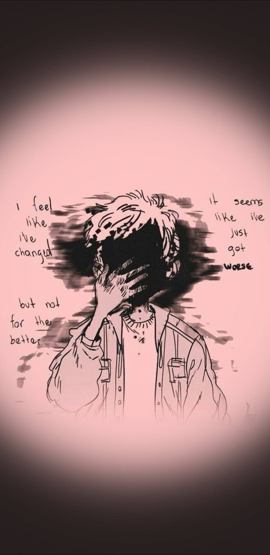 Depression Aesthetic 桌布 壁紙 — 一幅憂鬱的動漫風格素描，人物用表達內心掙扎的文字遮住臉龐，背景是柔和的粉紅色漸層。