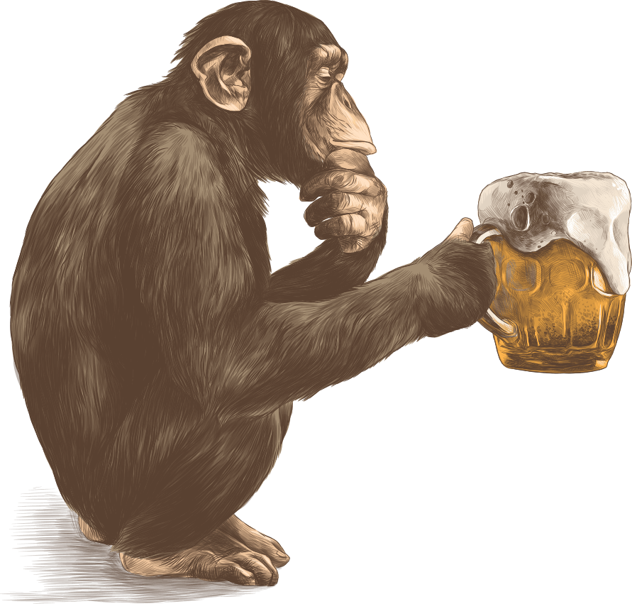 Ape 桌布 壁紙 — 一幅懷舊棕色調的插圖黑猩猩，若有所思地坐在黑色背景前，手持一杯泡沫啤酒。