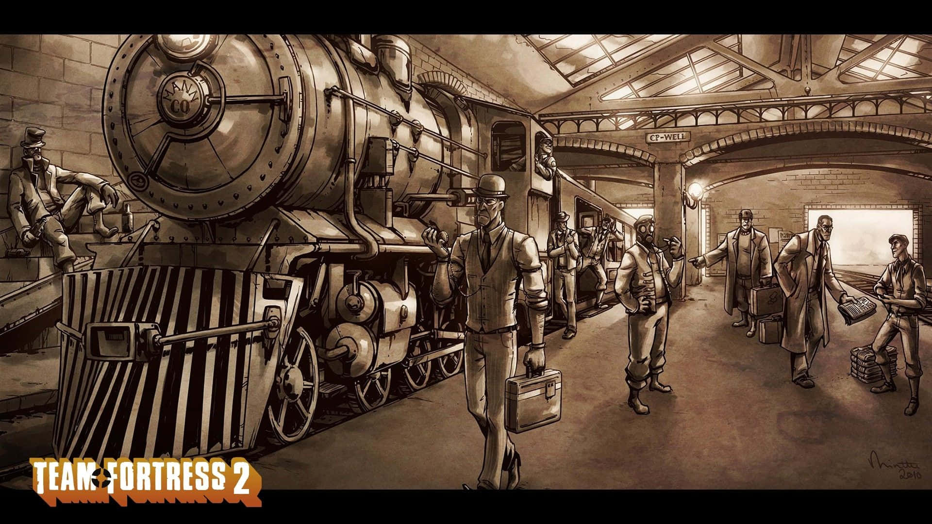 1920x1080 Tf2 桌布 壁紙 — 一幅懷舊褐色調插圖，描繪1920年代繁忙車站中的蒸汽火車，乘客穿著當時服裝正在上車或等候。