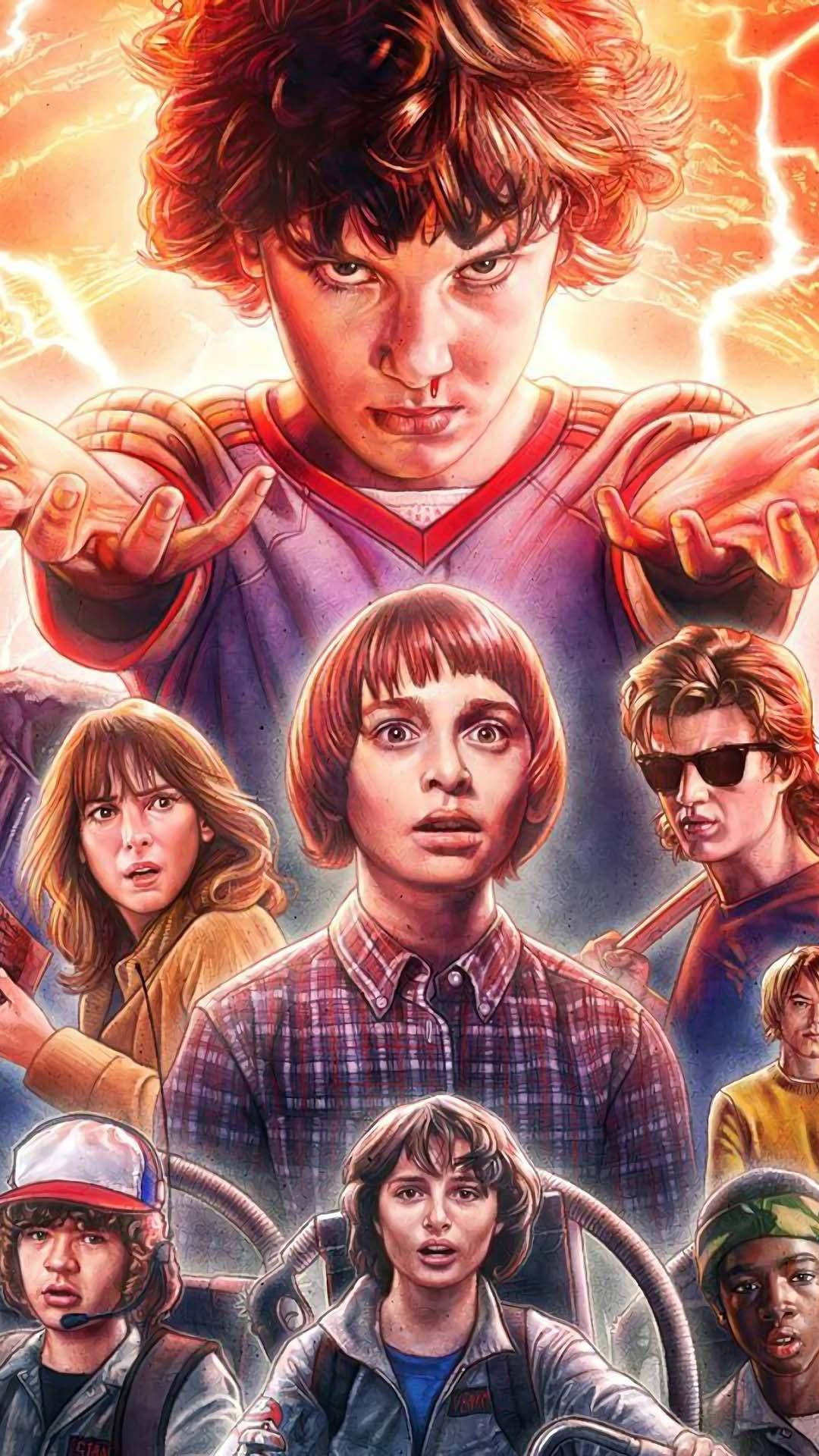 Netflix 桌布 壁紙 — 一幅戲劇性的《怪奇物語》演員插圖海報，中央角色背後有熾熱的橙色閃電。