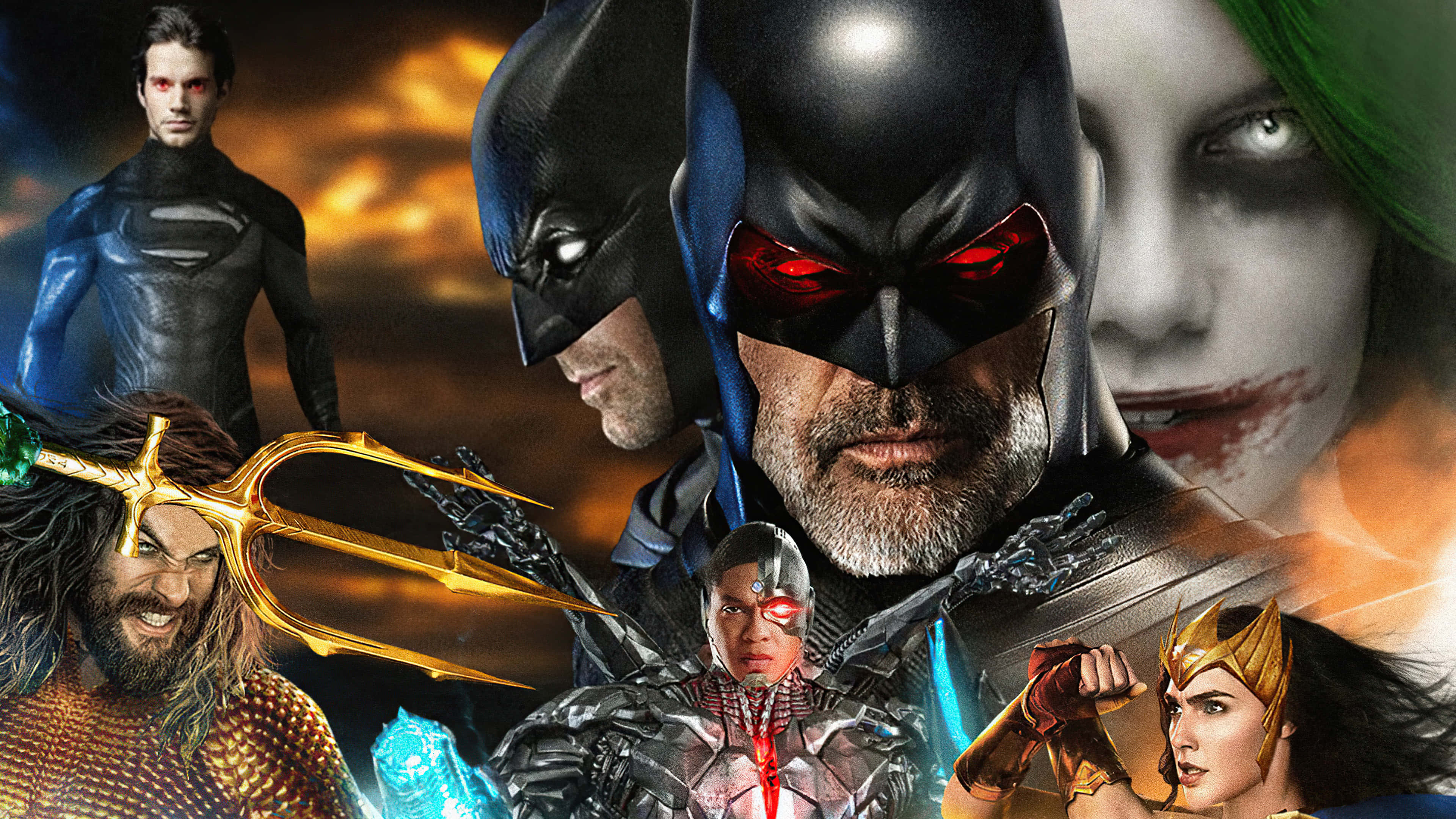Justice League The Flashpoint Paradox 桌布 壁紙 — 一幅戲劇性的DC超級英雄與反派拼貼畫，包括蝙蝠俠、神力女超人、水行俠和小丑女，背景是火紅的橙色天空。