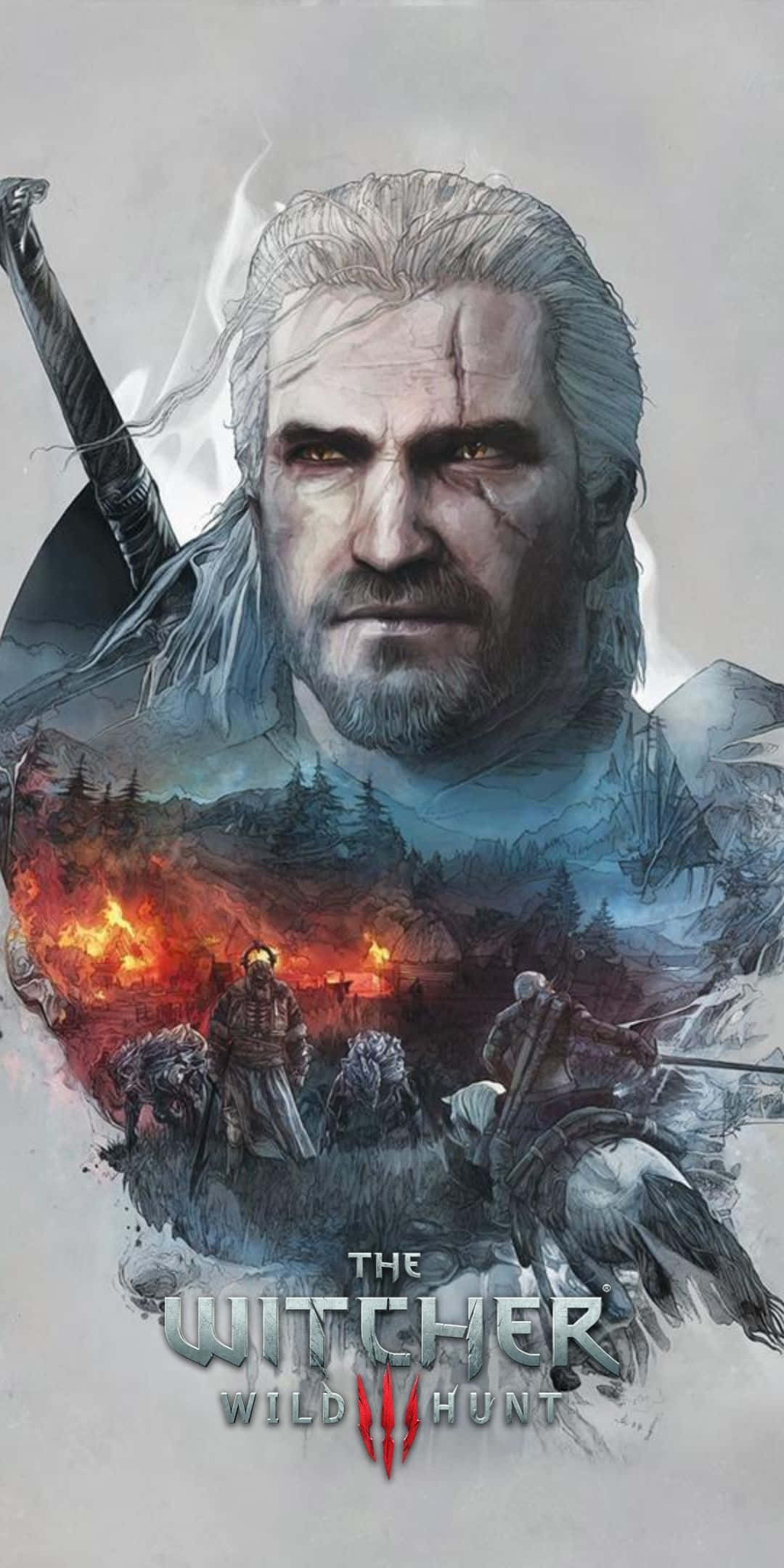 Pixel 3 The Witcher 3 桌布 壁紙 — 一幅戲劇性的傑洛特肖像，背景是熾熱的戰鬥場景和雪覆蓋的森林。