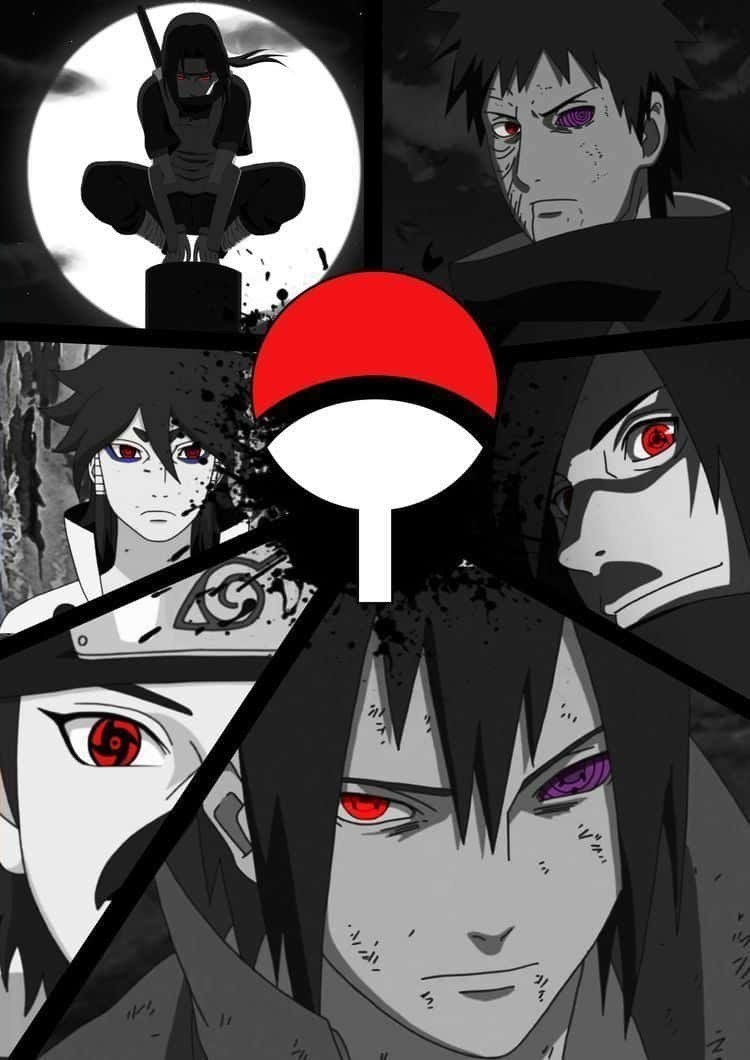 Uchiha Clan 桌布 壁紙 — 一幅戲劇性的動漫拼貼畫，描繪宇智波一族成員，擁有紅色和紫色的眼睛，圍繞著中央的寫輪眼符號。