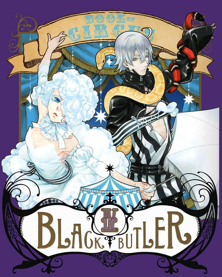 Black Butler Snake 桌布 壁紙 — 一幅戲劇性的動漫插圖，描繪了兩個角色在馬戲團橫幅下，一個穿著白色蓬鬆服裝，另一個穿著黑白條紋服裝，身上纏繞著一條蛇。