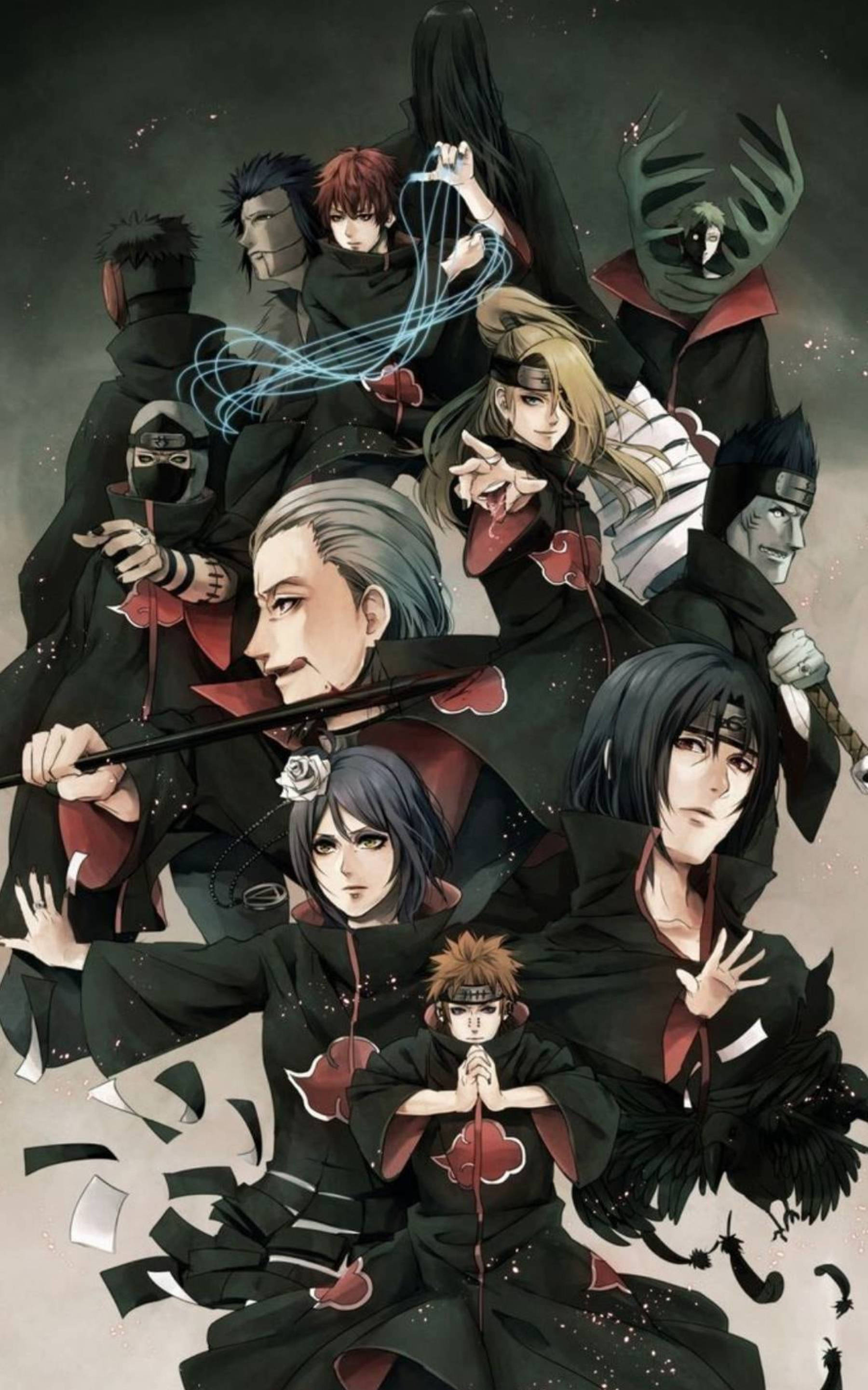 akatsuki phone 桌布 壁紙 — 一幅戲劇性的動漫插圖，描繪了曉組織的成員穿著黑色斗篷和紅色雲朵，在黑暗的星空背景下激烈地擺姿勢。