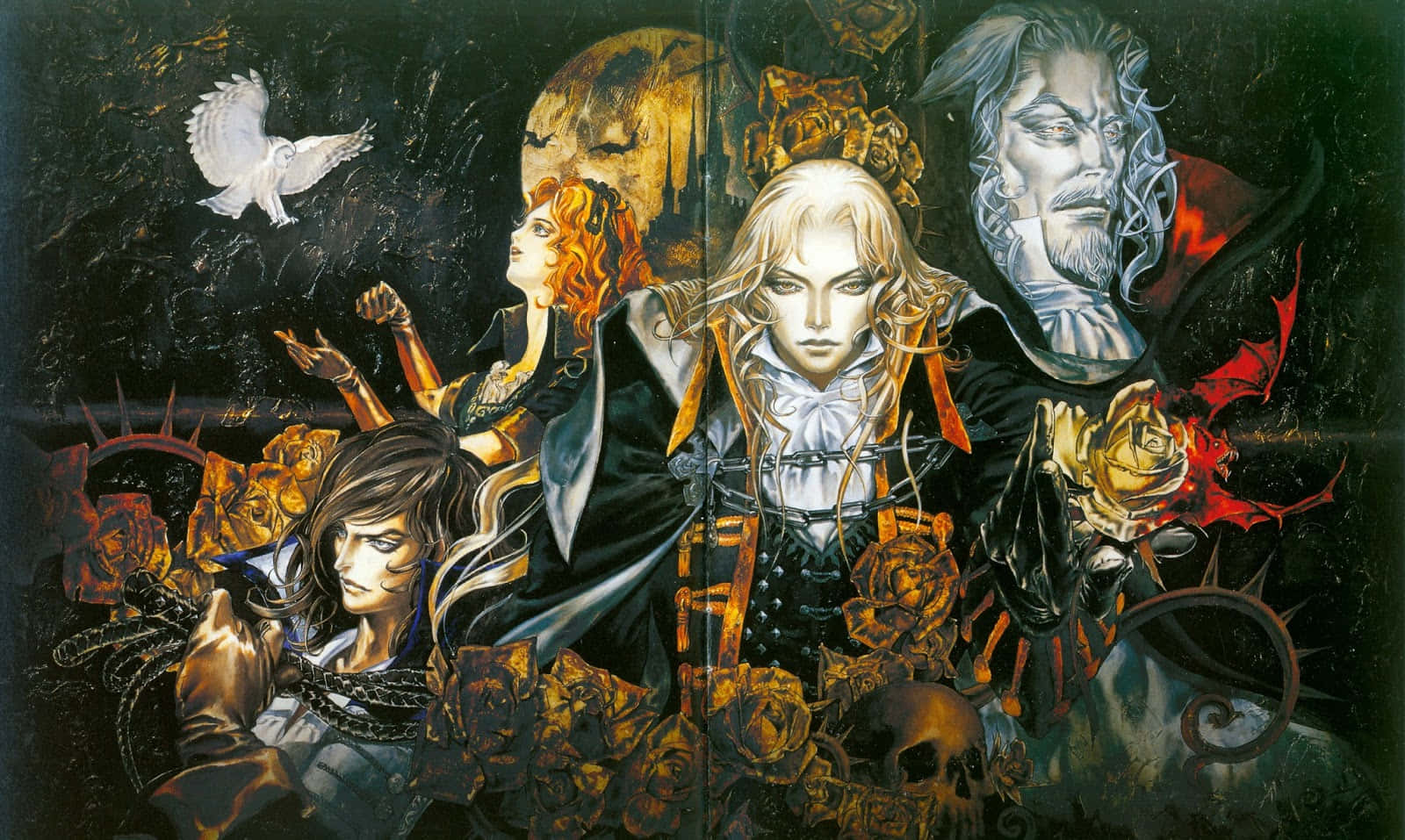 Castlevania 桌布 壁紙 — 一幅戲劇性的動漫插圖，描繪四個哥德式角色，被玫瑰、頭骨和一隻白鴿環繞，背景是黑暗風暴。