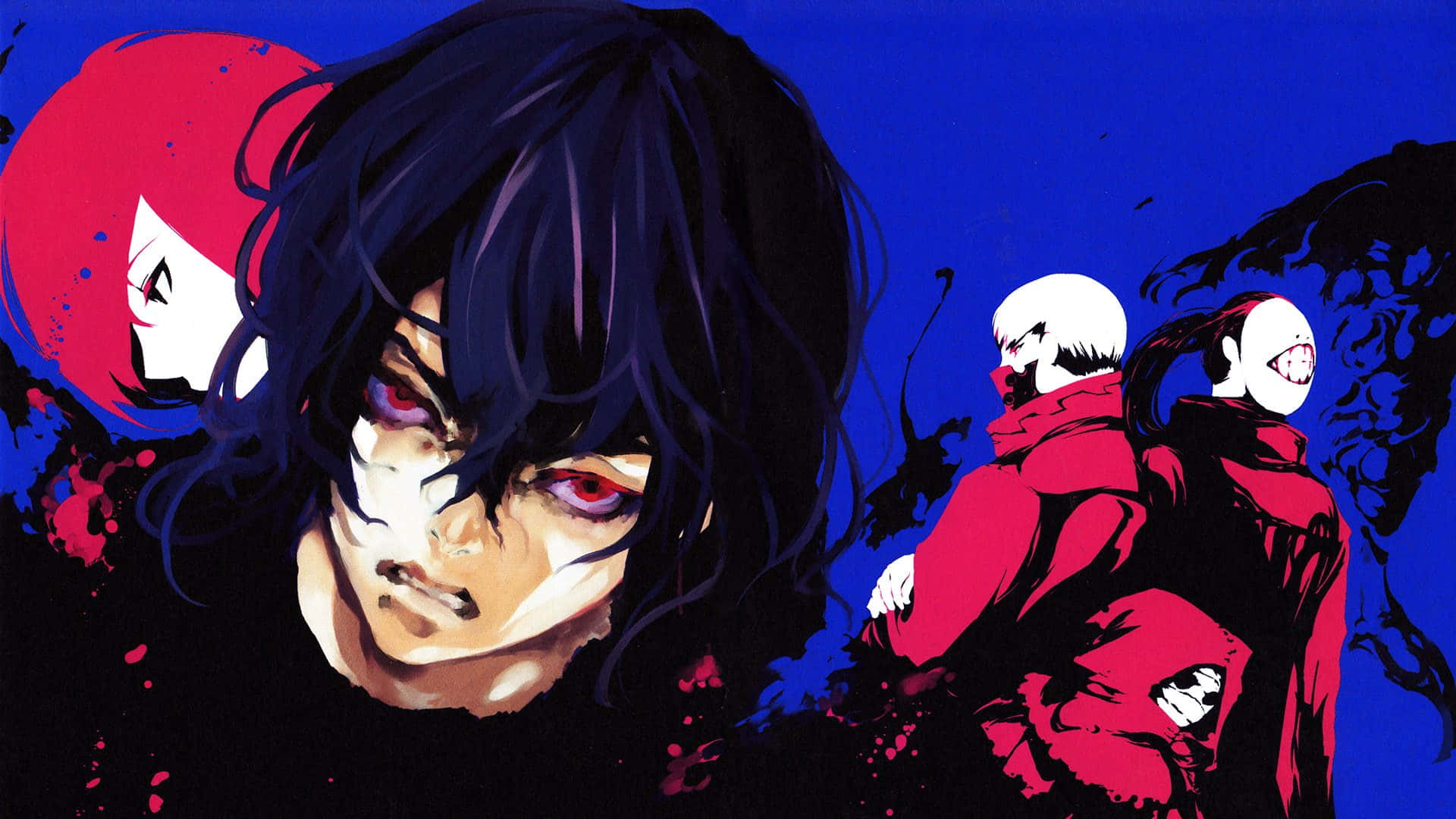 Ayato Kirishima 桌布 壁紙 — 一幅戲劇性的動漫插圖，描繪四個角色在深色背景下帶有強烈表情和鮮明的紅色與藍色潑濺效果。