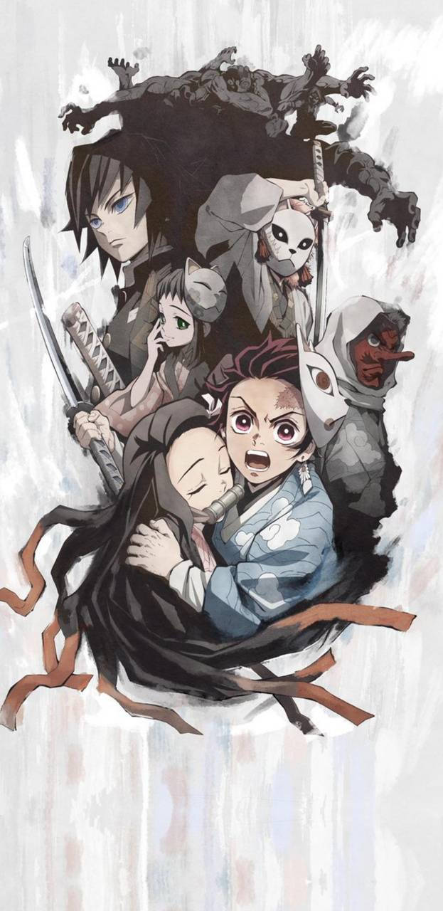 Kimetsu 桌布 壁紙 — 一幅戲劇性的動漫插圖，描繪鬼滅之刃角色在暴風雨般的灰色背景下，以劍和面具擺出激烈的戰鬥姿勢。