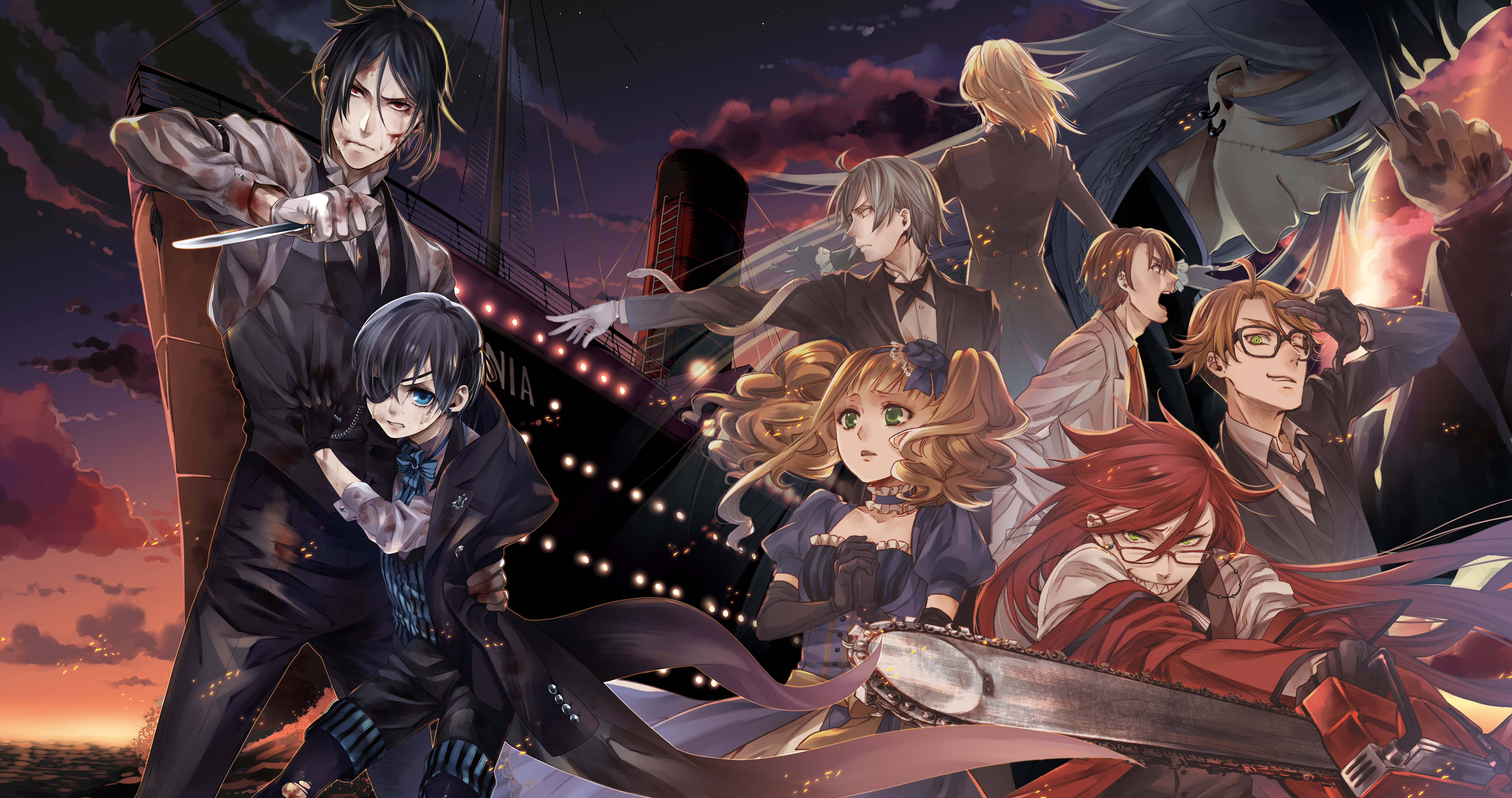 Black Butler 桌布 壁紙 — 一幅戲劇性的動漫群體肖像，背景是火紅的日落天空，有船隻剪影和發光的燈光。