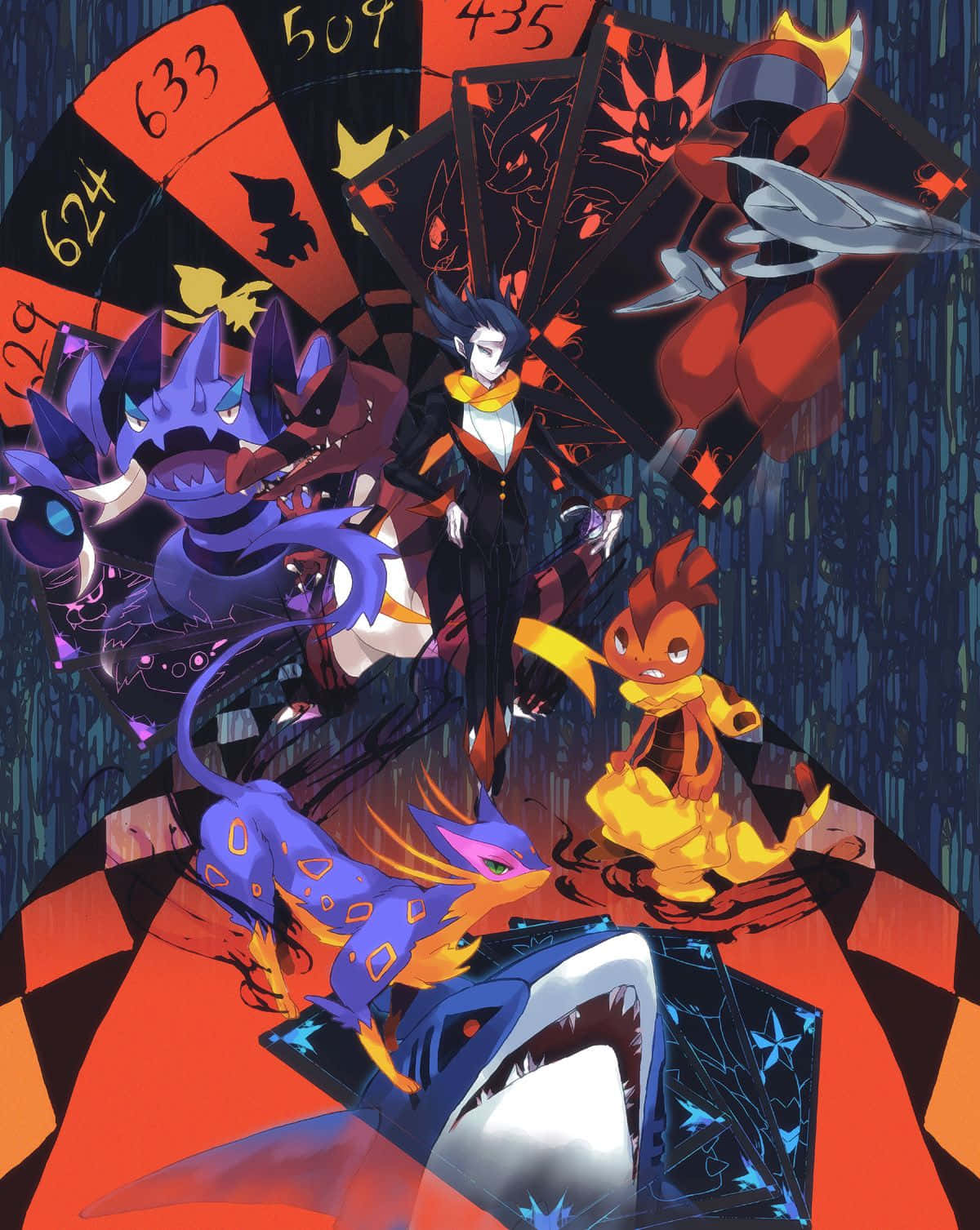 Pokémon 手機 桌布 壁紙 — 一幅戲劇性的動漫風格插圖，中央人物被帶有威脅性的寶可夢包圍，背景為深色棋盤格並帶有發光數字。