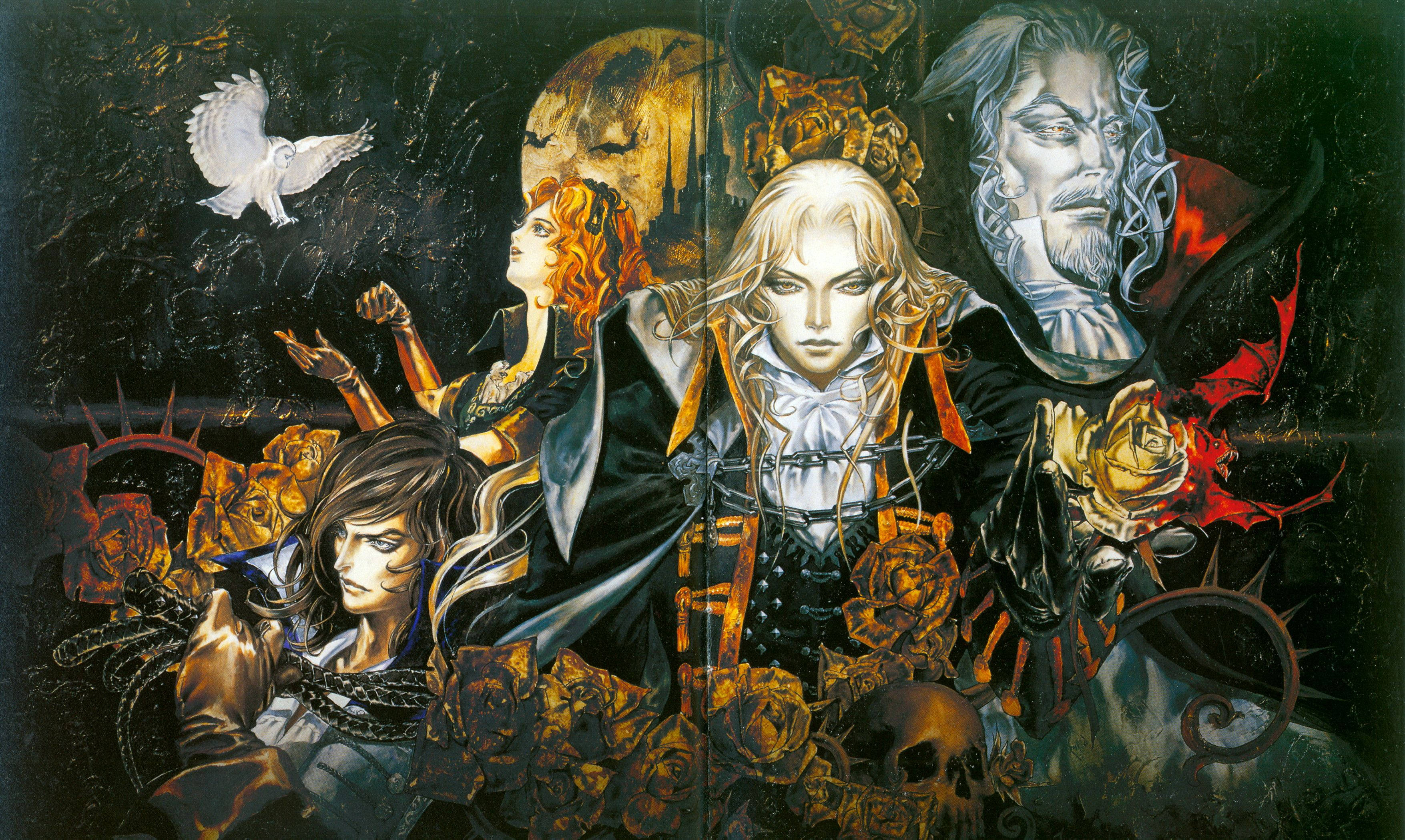 Castlevania 桌布 壁紙 — 一幅戲劇性的動漫風格插圖，描繪四個哥德式角色，帶有玫瑰、骷髏和一隻白鴿，背景是黑暗的月光下。