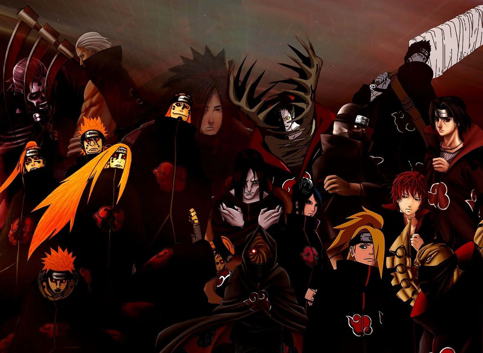 Akatsuki Naruto Shippuden 桌布 壁紙 — 一幅戲劇性的動畫團體肖像，描繪了穿著帶有紅色雲朵符號的深色斗篷的曉組織成員，背景是火熱的橙色和黑色。