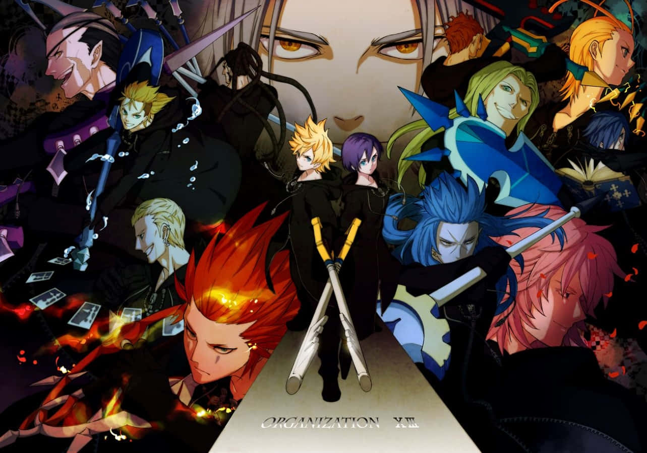 Kingdom Hearts Organization 13 桌布 壁紙 — 一幅戲劇性的動畫拼貼畫，描繪Organization XIII成員，擁有火紅的頭髮和發光的眼睛，背景為深色。