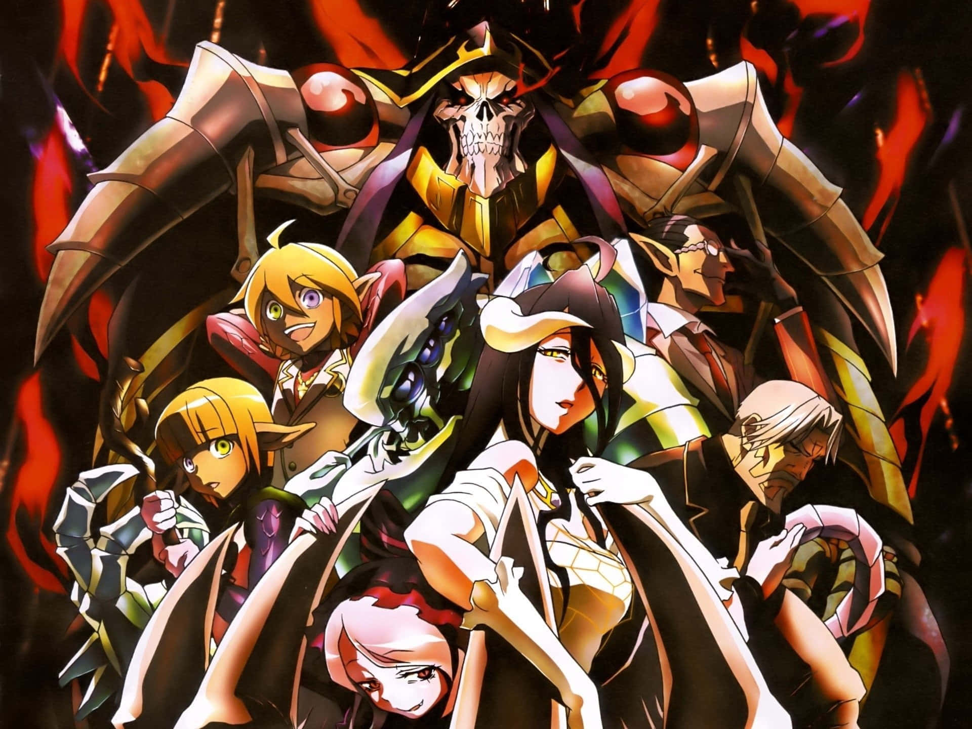Overlord 桌布 壁紙 — 一幅戲劇性的動畫群像，以高聳的骷髏臉戰士和各種角色為特色，背景是火紅色的。
