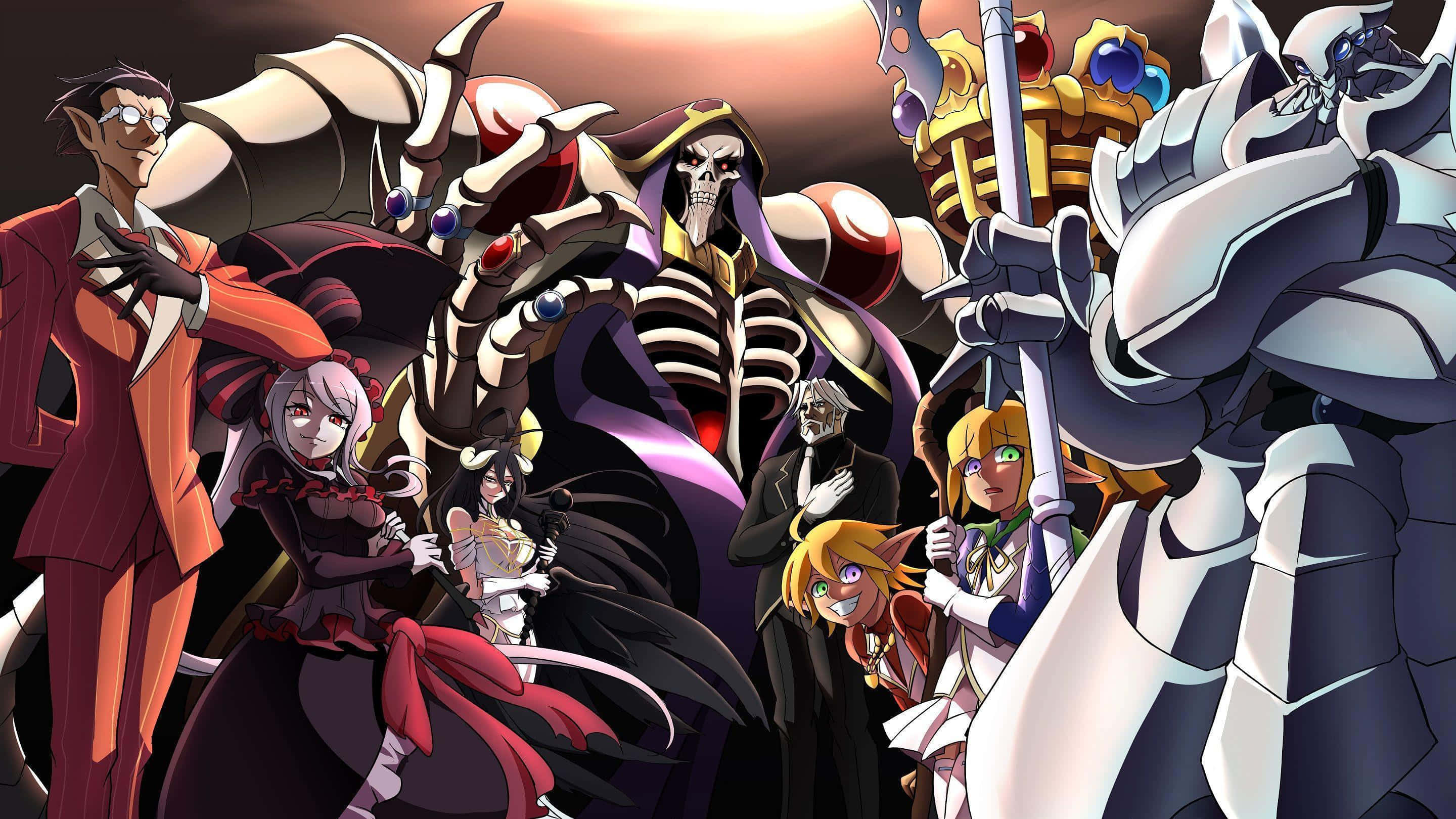 Overlord 桌布 壁紙 — 一幅戲劇性的動畫群像，描繪了在熾熱夕陽天空下，身著大膽服裝的多樣角色。