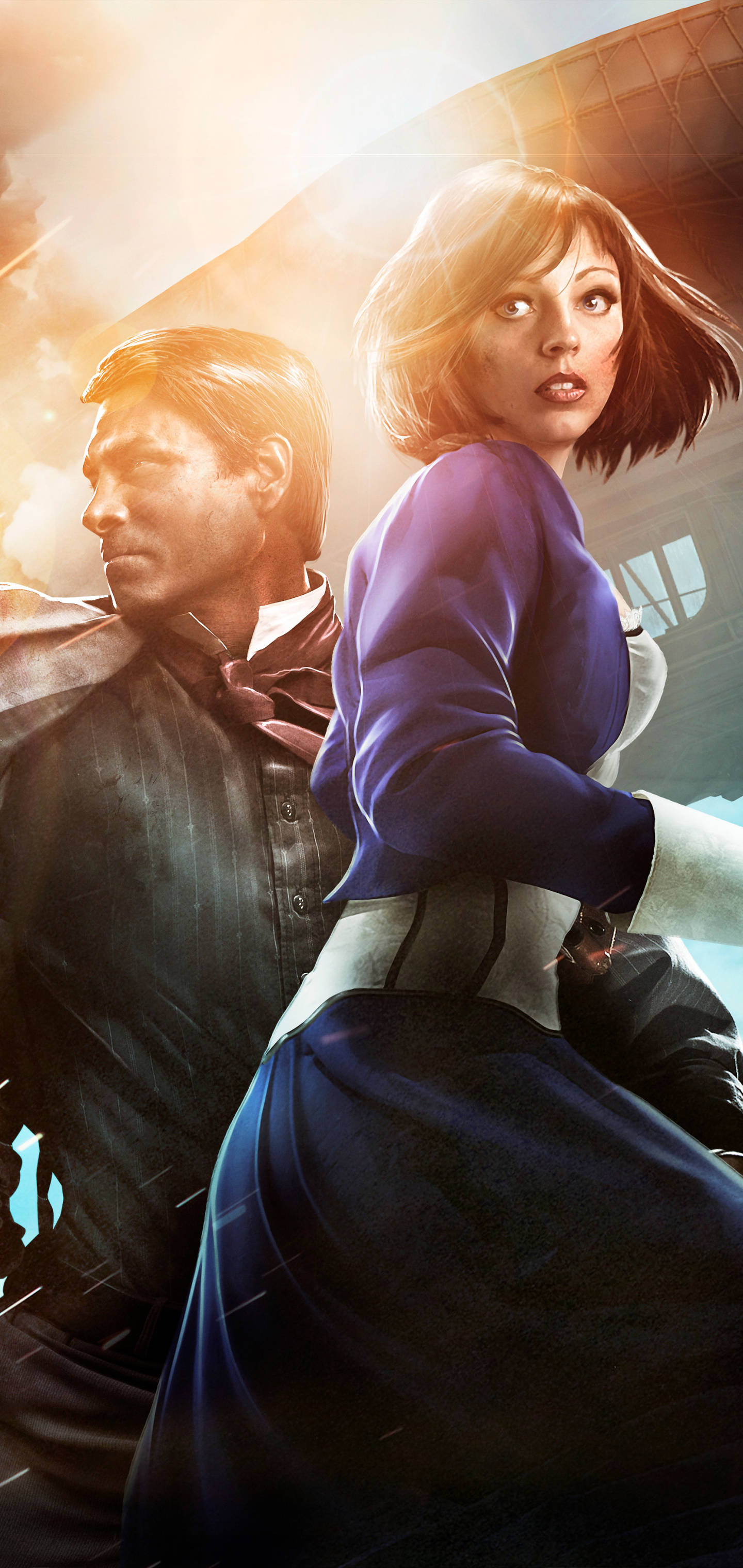 Bioshock Infinite iPhone 桌布 壁紙 — 一幅戲劇性的動畫風格插圖，描繪一對穿著復古服裝的男女，背對著金色陽光站立。