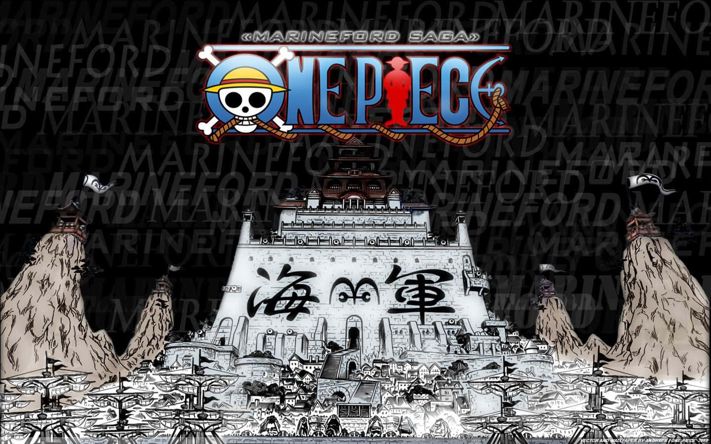 Marineford War 桌布 壁紙 — 一幅戲劇性的動畫風格插圖，描繪了在黑暗天空下被船隻和山脈包圍的海軍總部馬林福特。