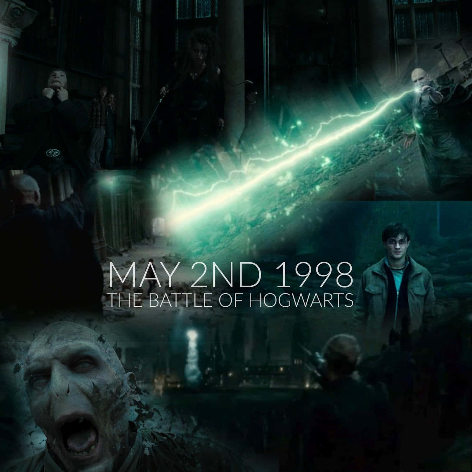 The Battle Of Hogwarts 桌布 壁紙 — 一幅戲劇性的哈利波特角色拼貼畫，描繪在黑暗魔法戰鬥中，綠色光芒咒語飛過古老石廳。