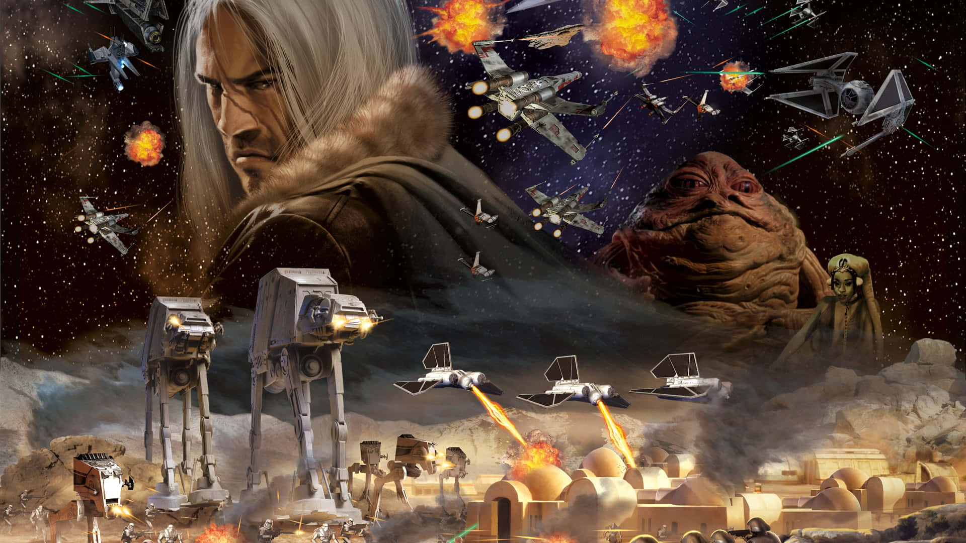 桌布 壁紙 — 一幅戲劇性的太空戰役拼貼畫， featuring Han Solo、Jabba the Hutt、AT-AT 步行機和星際戰鬥機在星空背景下爆炸。