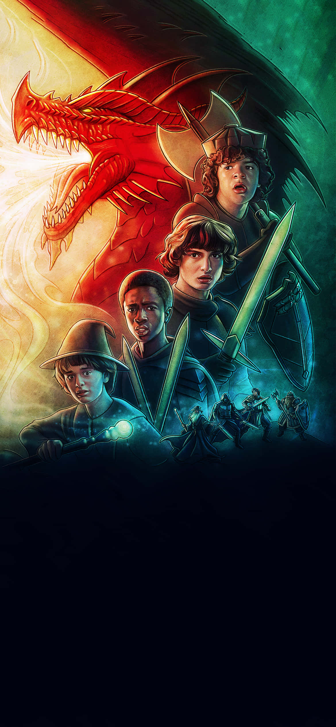 Dungeons And Dragons 桌布 壁紙 — 一幅戲劇性的奇幻插圖，描繪四位年輕戰士在熾熱的綠色背景下對抗一條巨大的紅龍。
