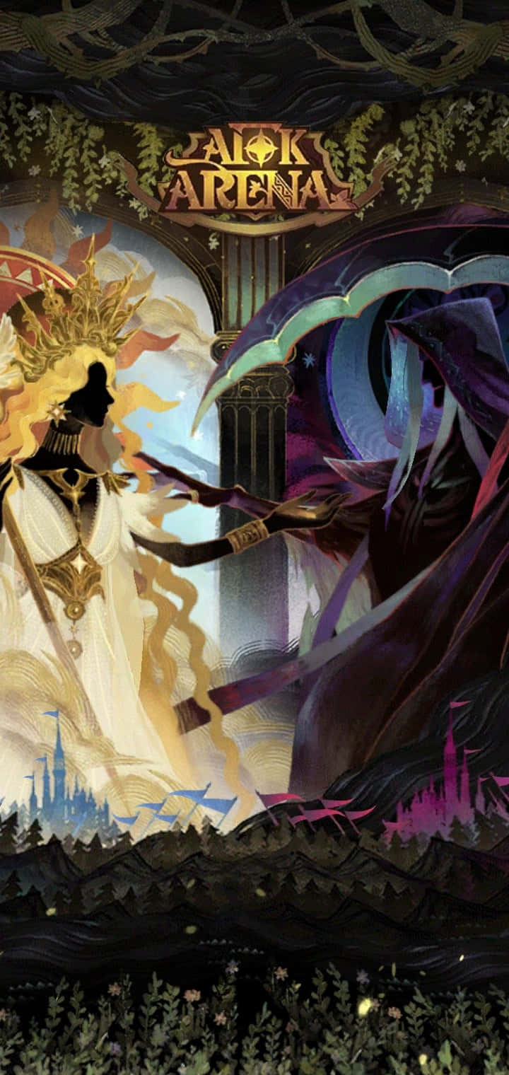Afk Arena 桌布 壁紙 — 一幅戲劇性的奇幻插圖顯示一個光芒四射的金色人物在一個有發光藤蔓和遠處城堡的競技場中面對一個深紫色兜帽人物。