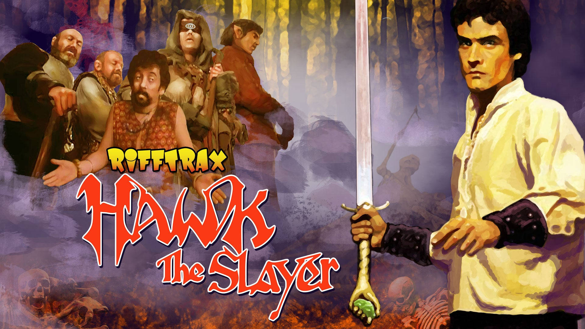 Hawk 桌布 壁紙 — 一幅戲劇性的奇幻插圖顯示一個男人手持劍，而一群冒險者在後面觀看。