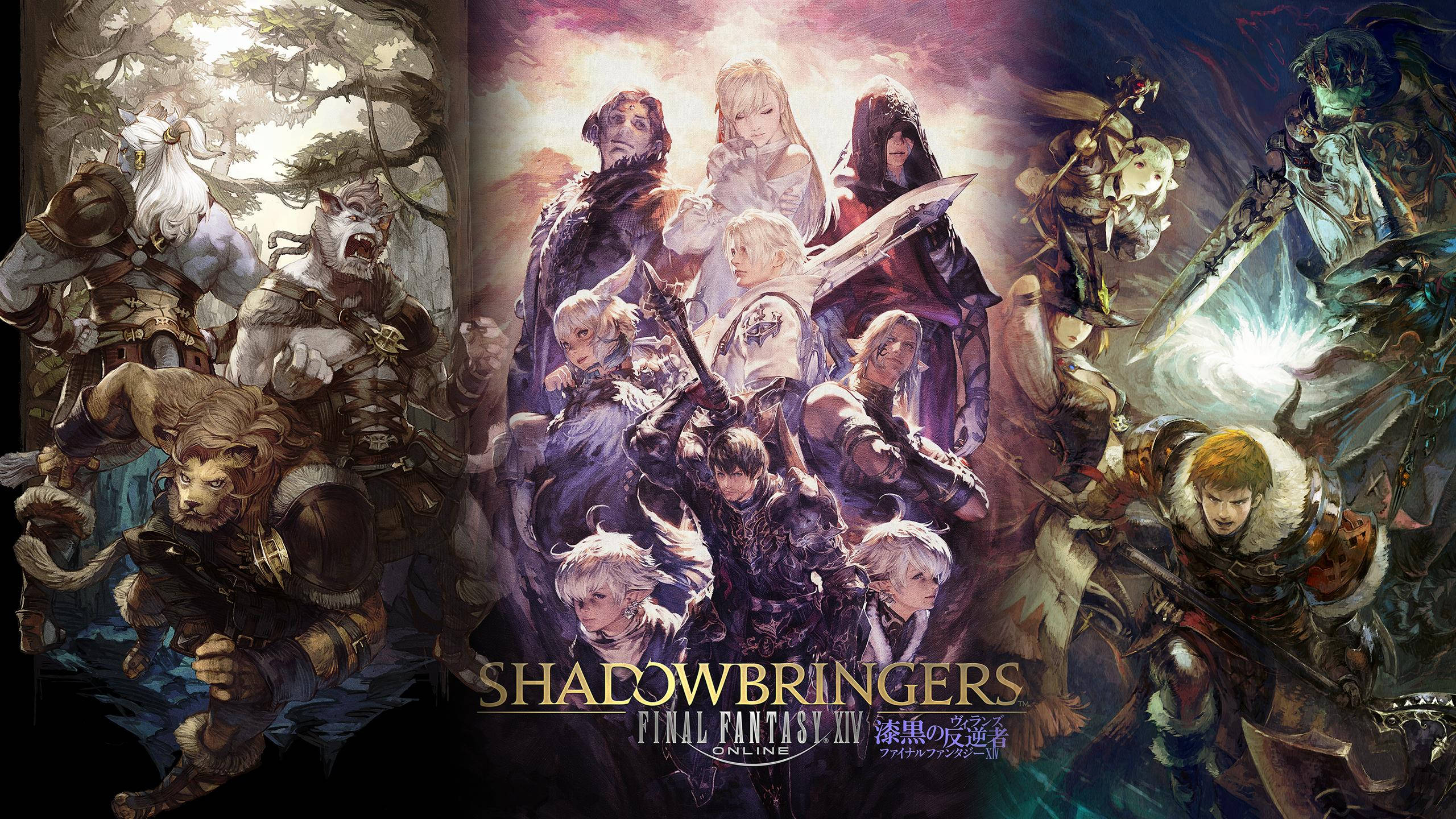 Ff14 桌布 壁紙 — 一幅戲劇性的奇幻藝術作品，描繪了在暴風雨天空下各種戰士和怪物擺出動態姿勢。