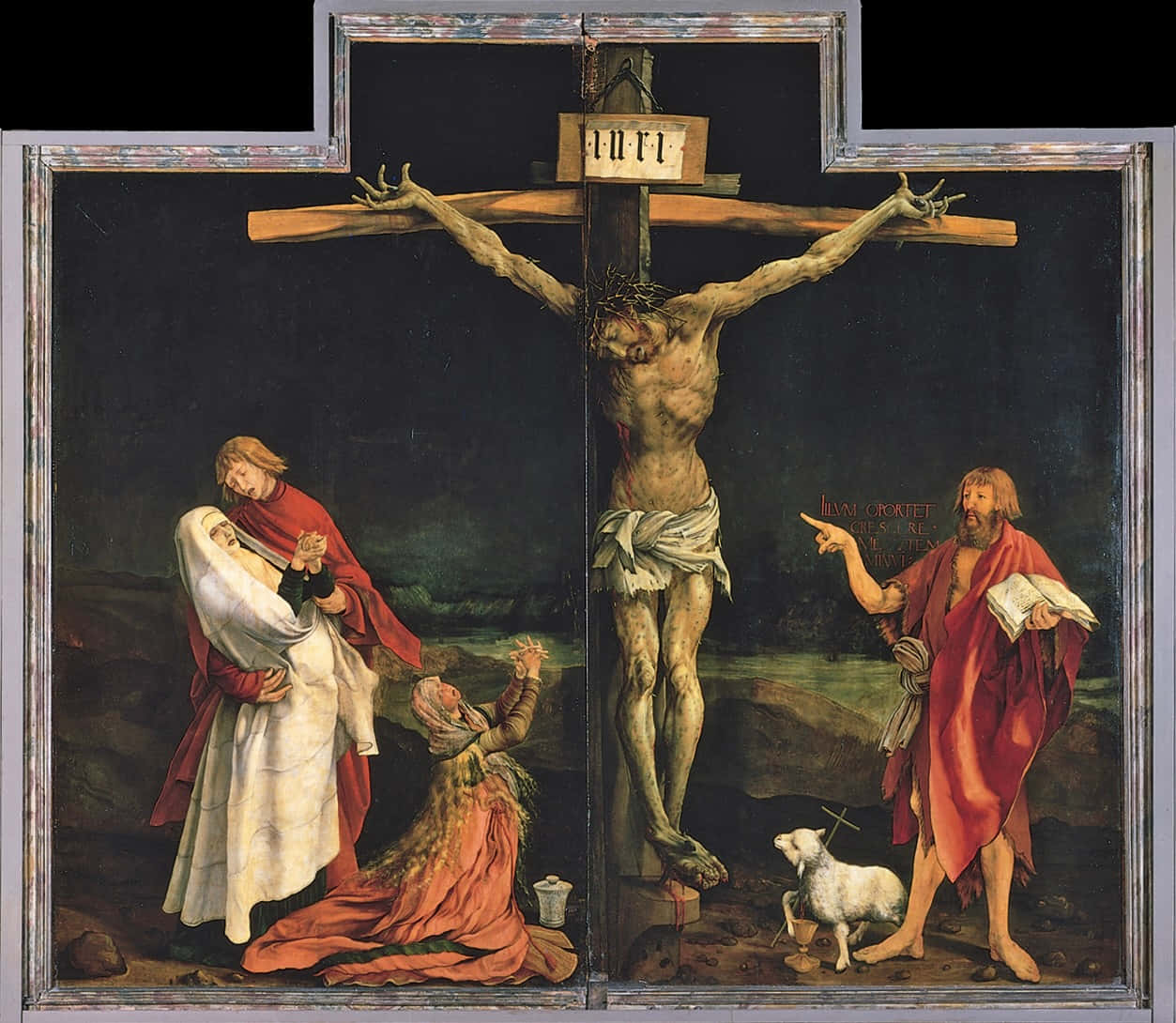 Good Friday 桌布 壁紙 — 一幅戲劇性的宗教畫描繪基督被釘十字架，瑪利亞和約翰在他身邊，天空陰暗。