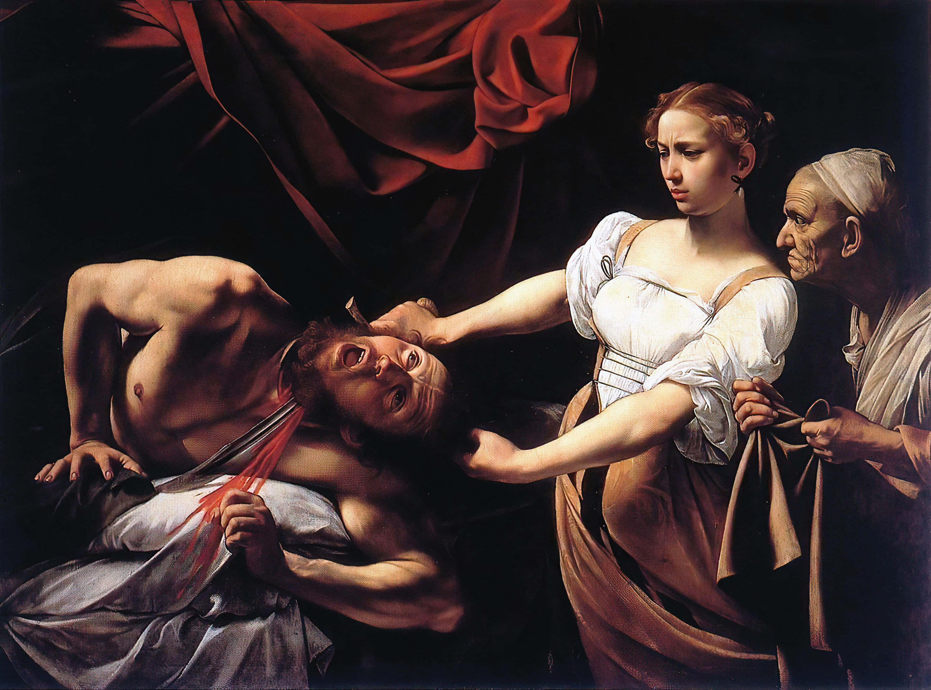Renaissance 桌布 壁紙 — 一幅戲劇性的巴洛克畫作，描繪一名女子在厚重的紅色窗簾下斬首一名男子，而一名老人正在觀看。