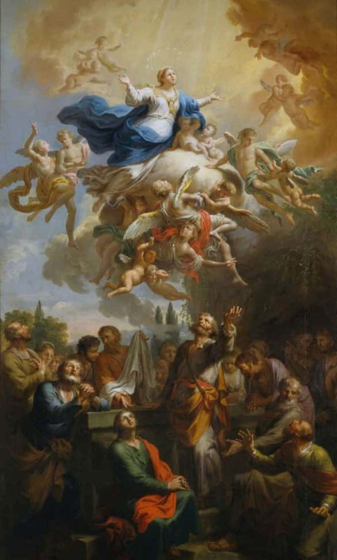 Religious Art 桌布 壁紙 — 一幅戲劇性的巴洛克繪畫顯示一位身穿藍色長袍的神聖女性形象與天使一起升到一群世俗崇拜者之上。