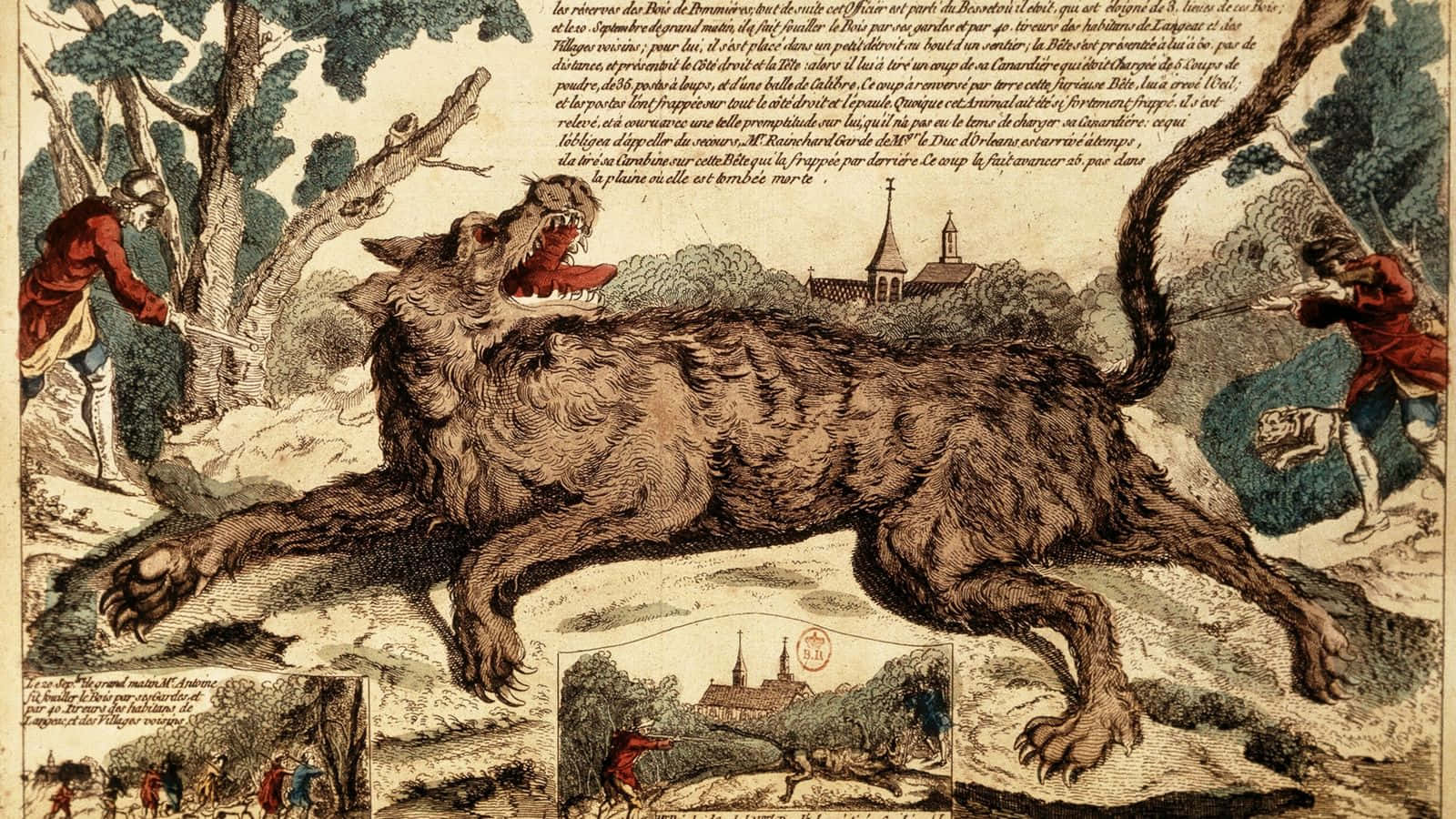Wolf Attack 桌布 壁紙 — 一幅戲劇性的復古插圖顯示，穿著紅色外套的獵人在村莊附近的森林空地中面對一隻巨大咆哮的狼人。