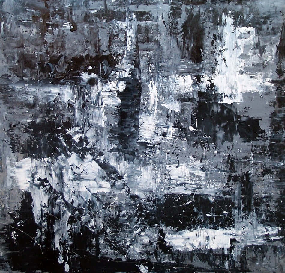 Black And White Painting 桌布 壁紙 — 一幅戲劇性的抽象畫，以大膽的黑、白、灰筆觸營造出紋理豐富、混亂的視覺能量。