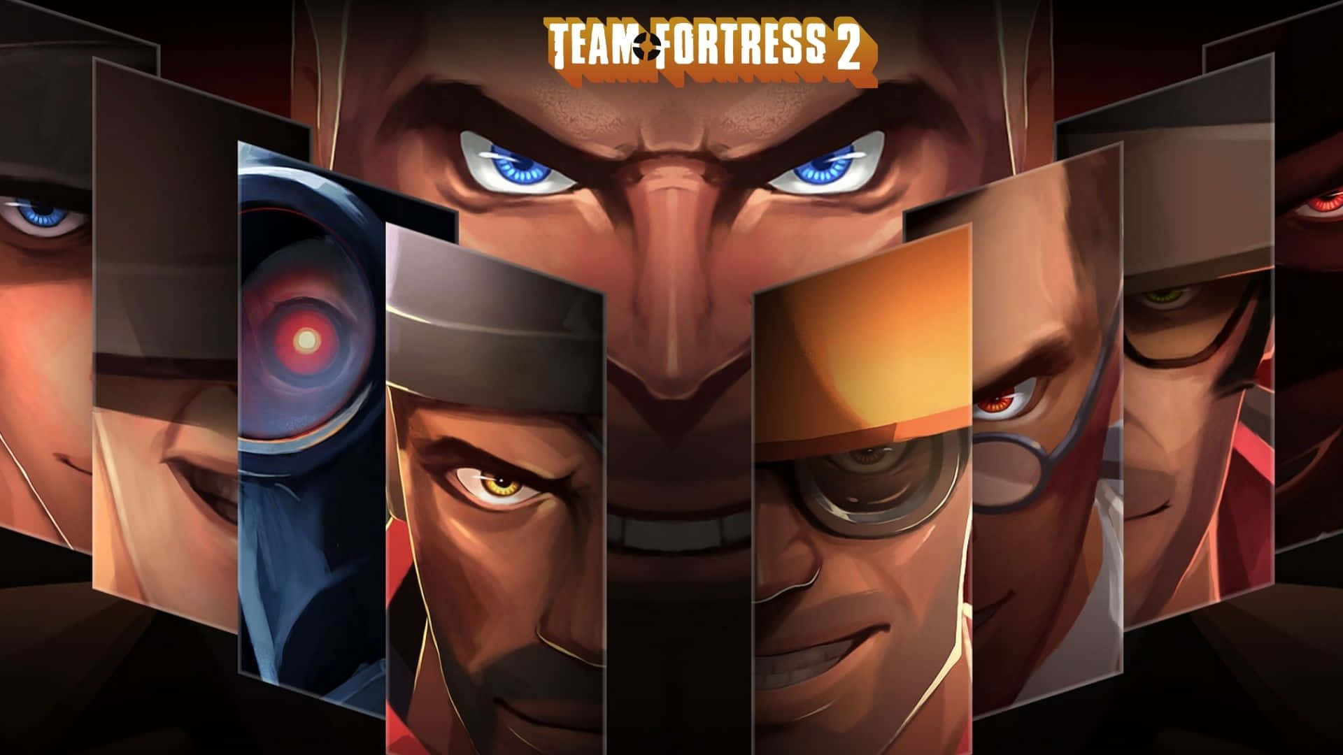 1920x1080 Tf2 桌布 壁紙 — 一幅戲劇性的拼貼畫，展示《Team Fortress 2》角色們在深色背景上以傾斜面板框起的強烈面孔。