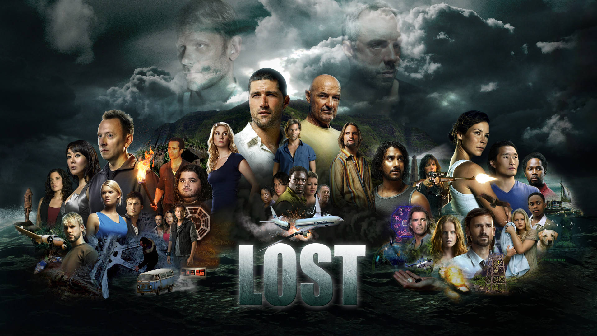 lost 桌布 壁紙 — 一幅戲劇性的拼貼畫，描繪《LOST 檔案》電視劇演員在風暴肆虐的島嶼背景下，雲中浮現幽靈般的面孔。