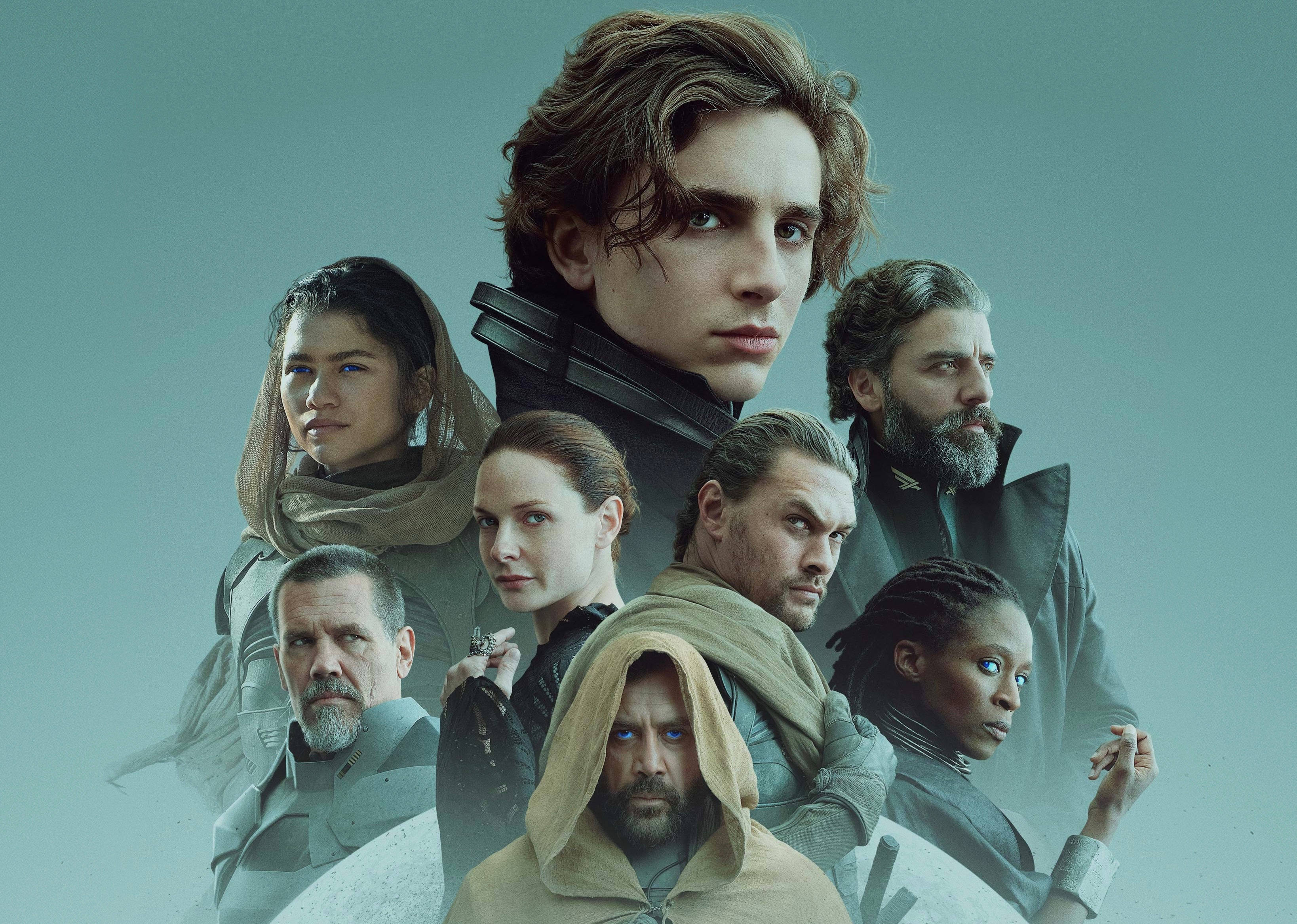 Timothée Chalamet 桌布 壁紙 — 一幅戲劇性的拼貼畫，描繪了《星際大戰：天行者的崛起》中九個強烈角色，背景為冷色調的青綠色。