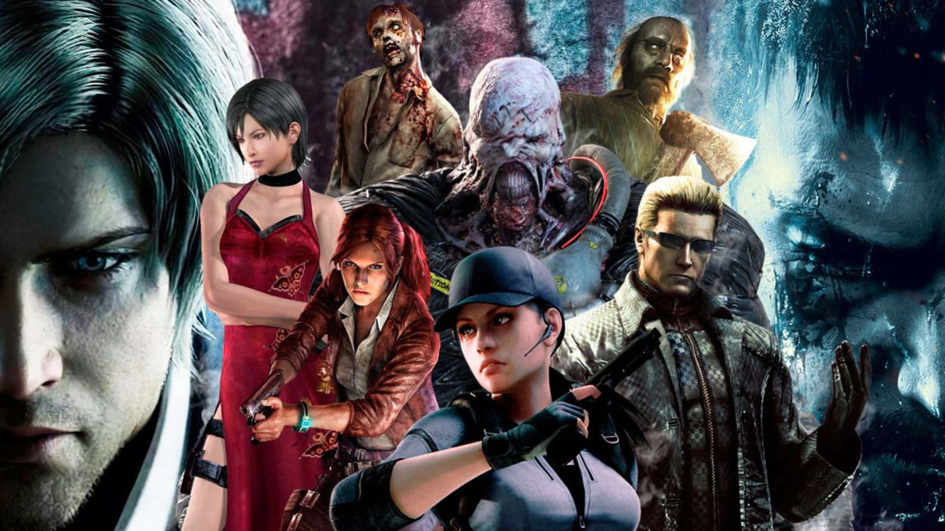 Resident Evil Characters 桌布 壁紙 — 一幅戲劇性的拼貼畫，描繪了包括里昂、艾達、吉爾和殭屍在內的標誌性《惡靈古堡》角色，背景陰暗詭異。