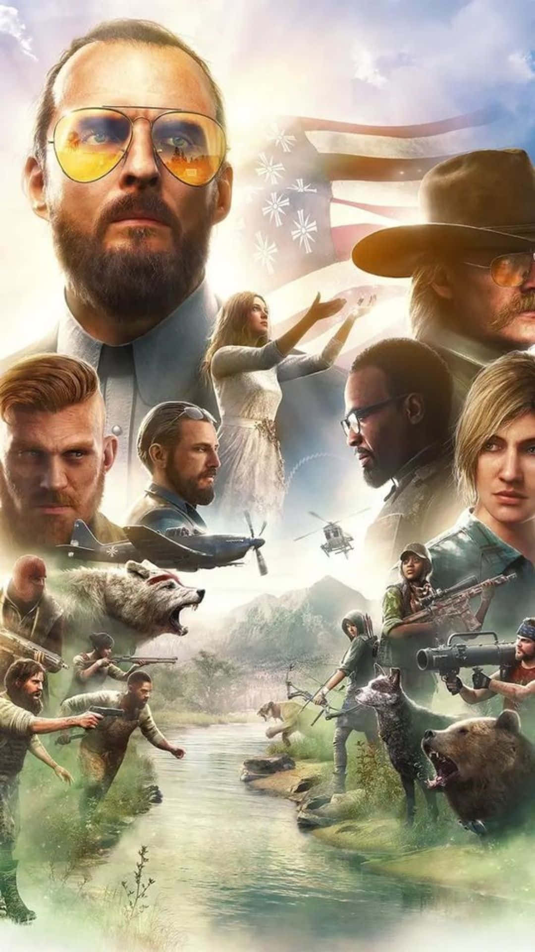 Best Far Cry 5 桌布 壁紙 — 一幅戲劇性的拼貼畫，描繪了崎嶇山野中的堅韌生存者和野生動物，並帶有美國國旗圖案。
