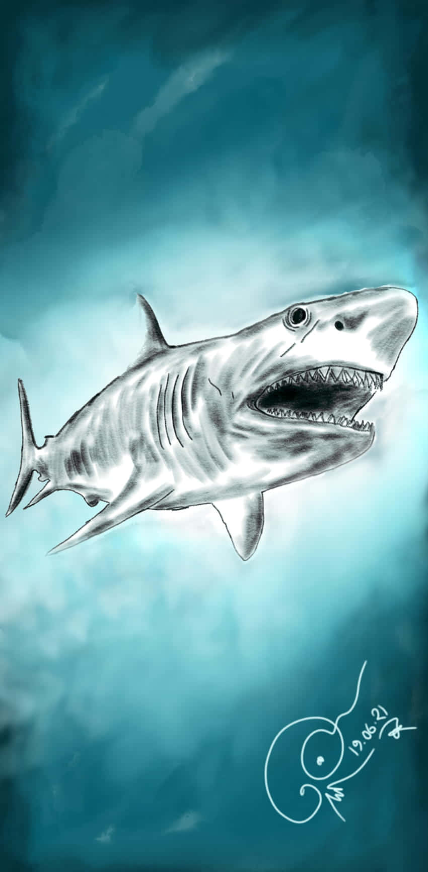 marine biology 桌布 壁紙 — 一幅戲劇性的插圖，展示一條帶有鋒利牙齒的兇猛大白鯊在渾濁的藍綠色海洋中游動。