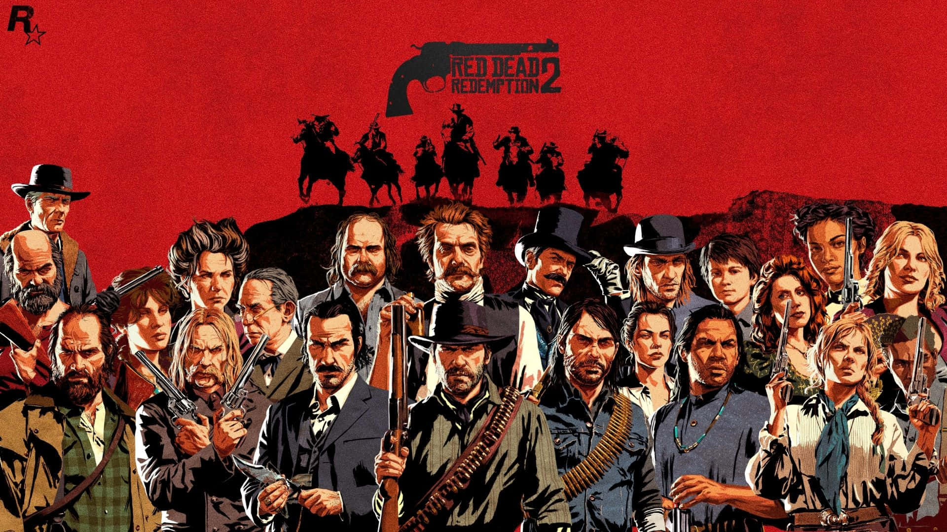 一群西部角色在紅色背景前持武器，背景有騎手。 — 碧血狂殺2 GIF 壁紙