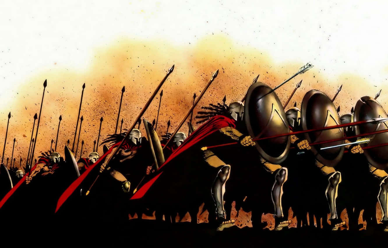 Warriors 桌布 壁紙 — 一幅戲劇性的插圖，描繪古代戰士以緊密的方陣隊形，在朦朧的橙色天空下，手持長矛和盾牌前進。