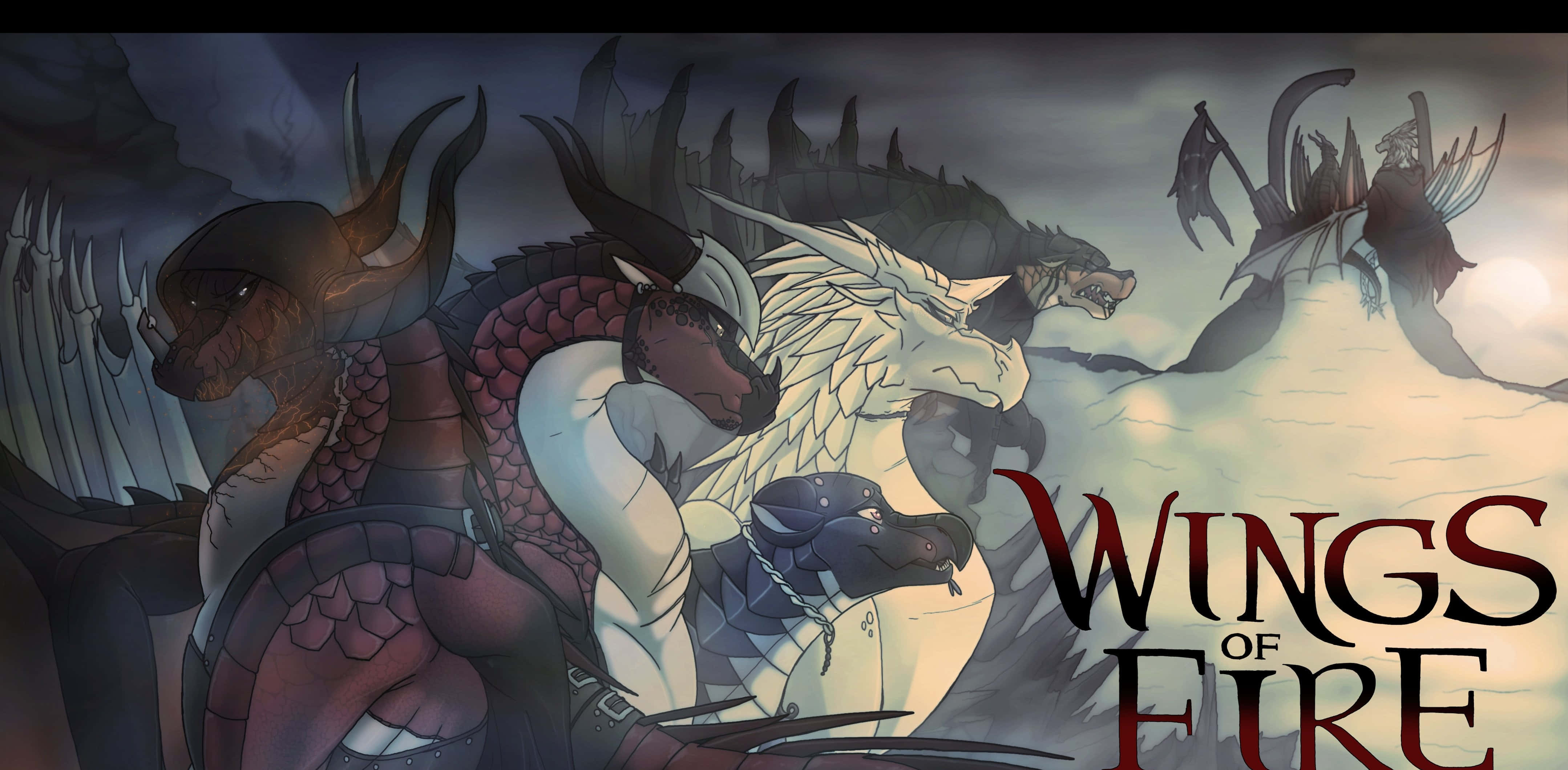 Wings Of Fire 桌布 壁紙 — 一幅戲劇性的插圖，描繪多條龍在暴風雨的天空中，標題為 Wings of Fire。