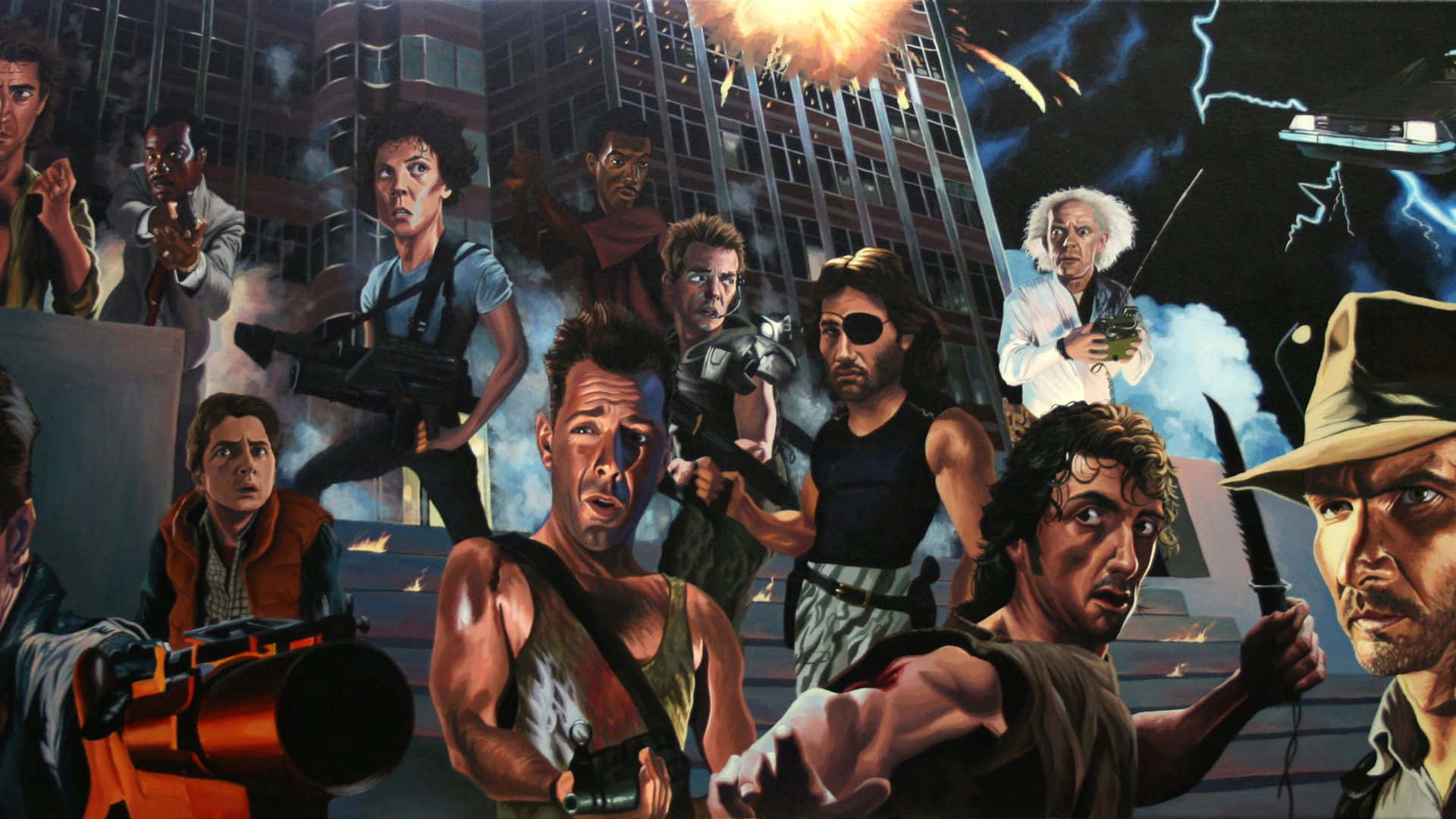 Action Movie 桌布 壁紙 — 一幅戲劇性的插圖拼貼畫，描繪了標誌性動作電影英雄在混亂的城市戰場上，伴隨著爆炸和閃電。