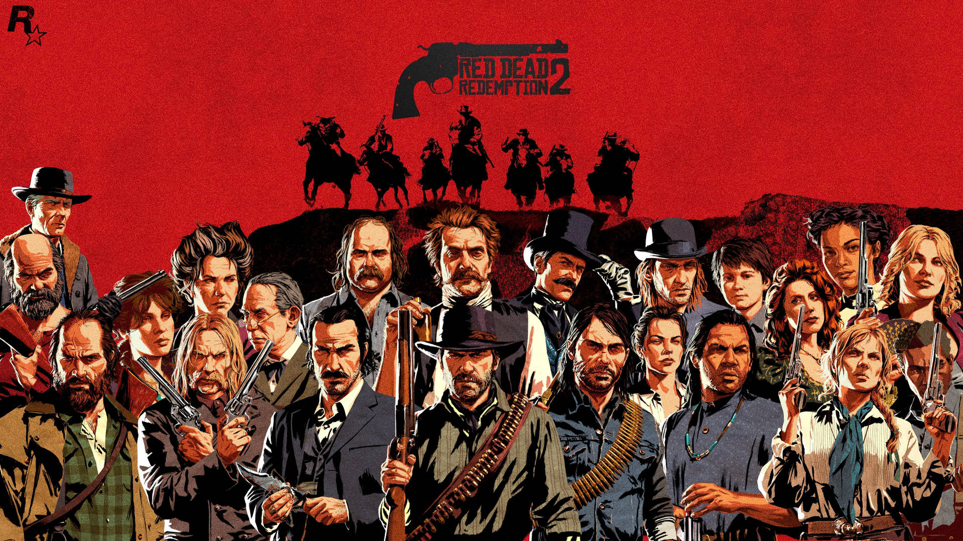 《Red Dead Redemption 2》角色穿著西部裝備，在紅色背景下手持槍械。