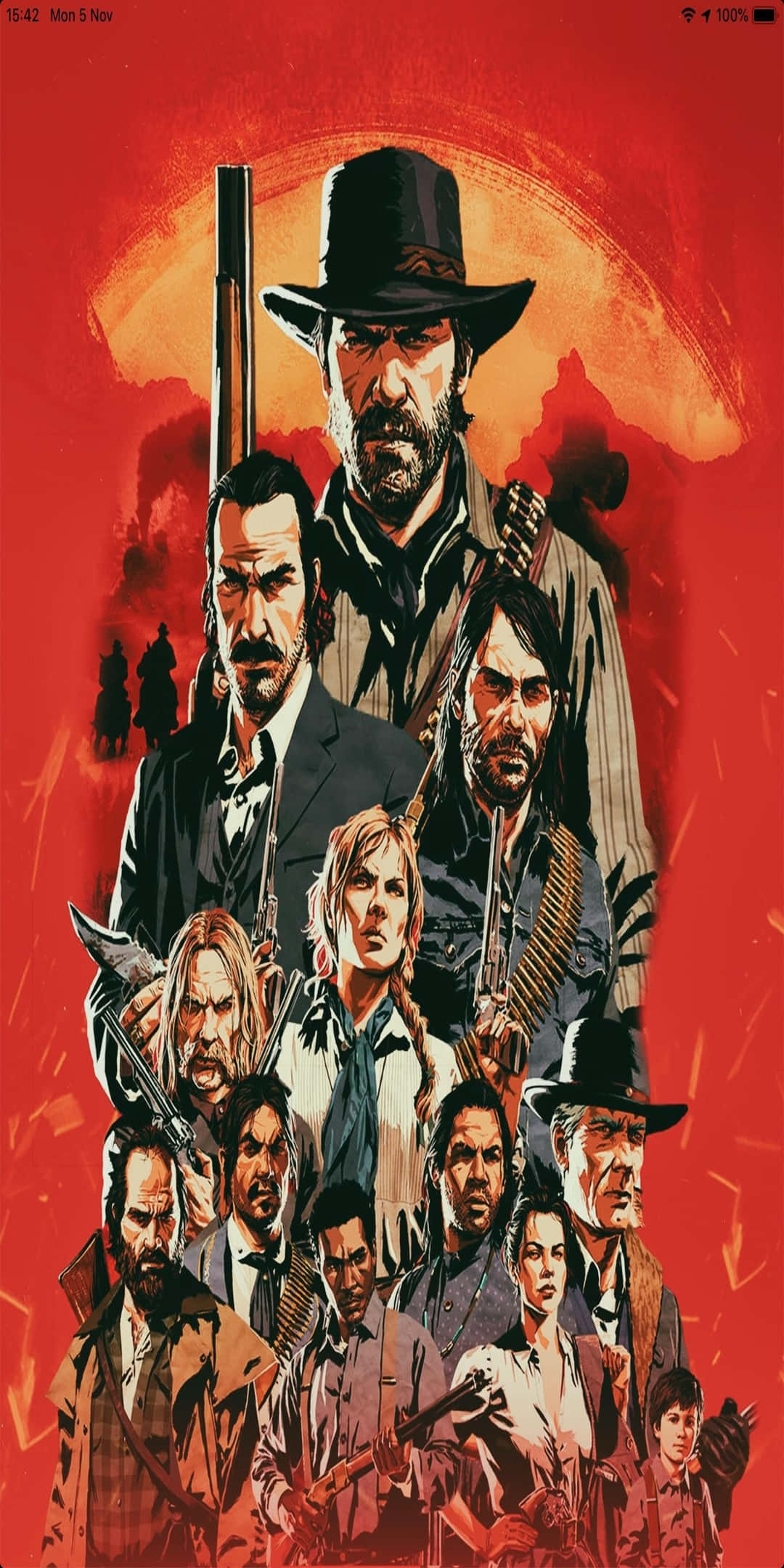 Red Dead Redemtion 2 桌布 壁紙 — 一幅戲劇性的插圖海報，描繪牛仔和亡命之徒在火紅的夕陽下拔槍對峙。